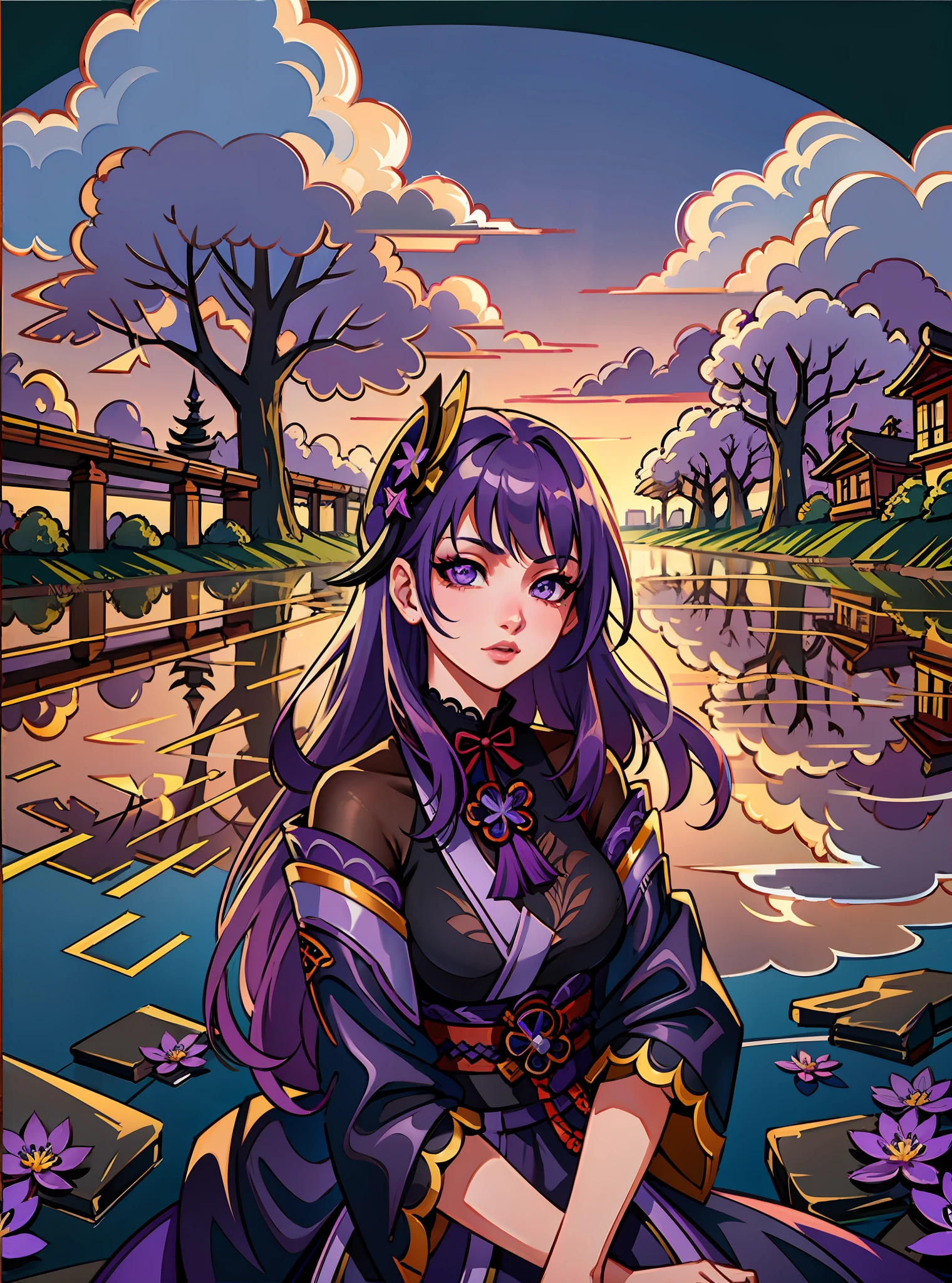 (masterpiece),(best quality:1.0), (ultra highres:1.0), detailed illustration, 8k, anime, 1girl, beautiful anime girl, Girl, Raiden Shogun, Purple eyes, detailed eyes, purple hair, detailed hair, anime feel, detailed, anime style, (Raiden Shogun: 1.2), best quality, (Genshin Impact), lightning back ground, godly background, highly detailed, purple, purple thunder, dark