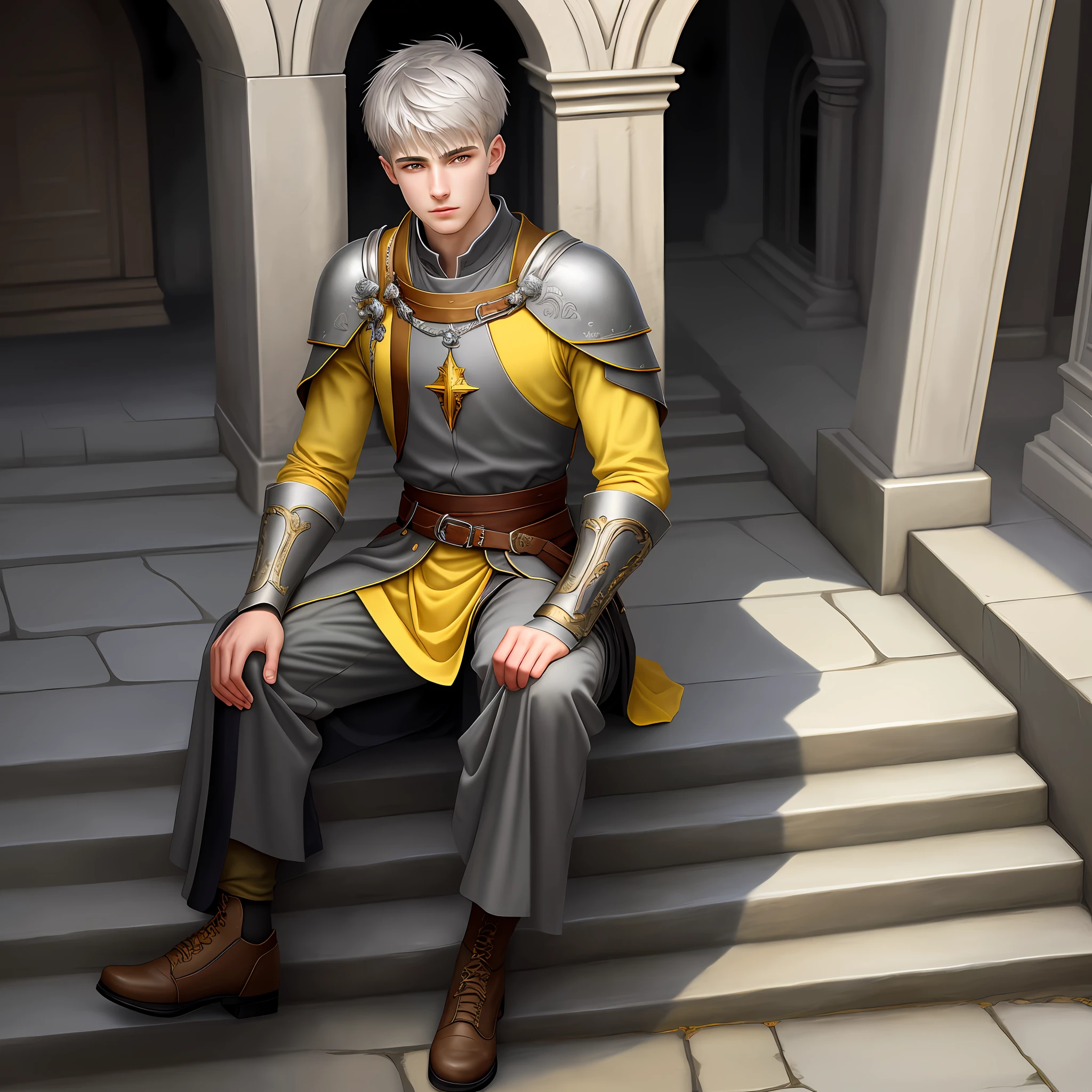 High detail, clarity, 8kk, young guy, 18 years old, light gray hair, short haircut, yellow eyes, climbs to the throne on stone steps, realism, fantasy,