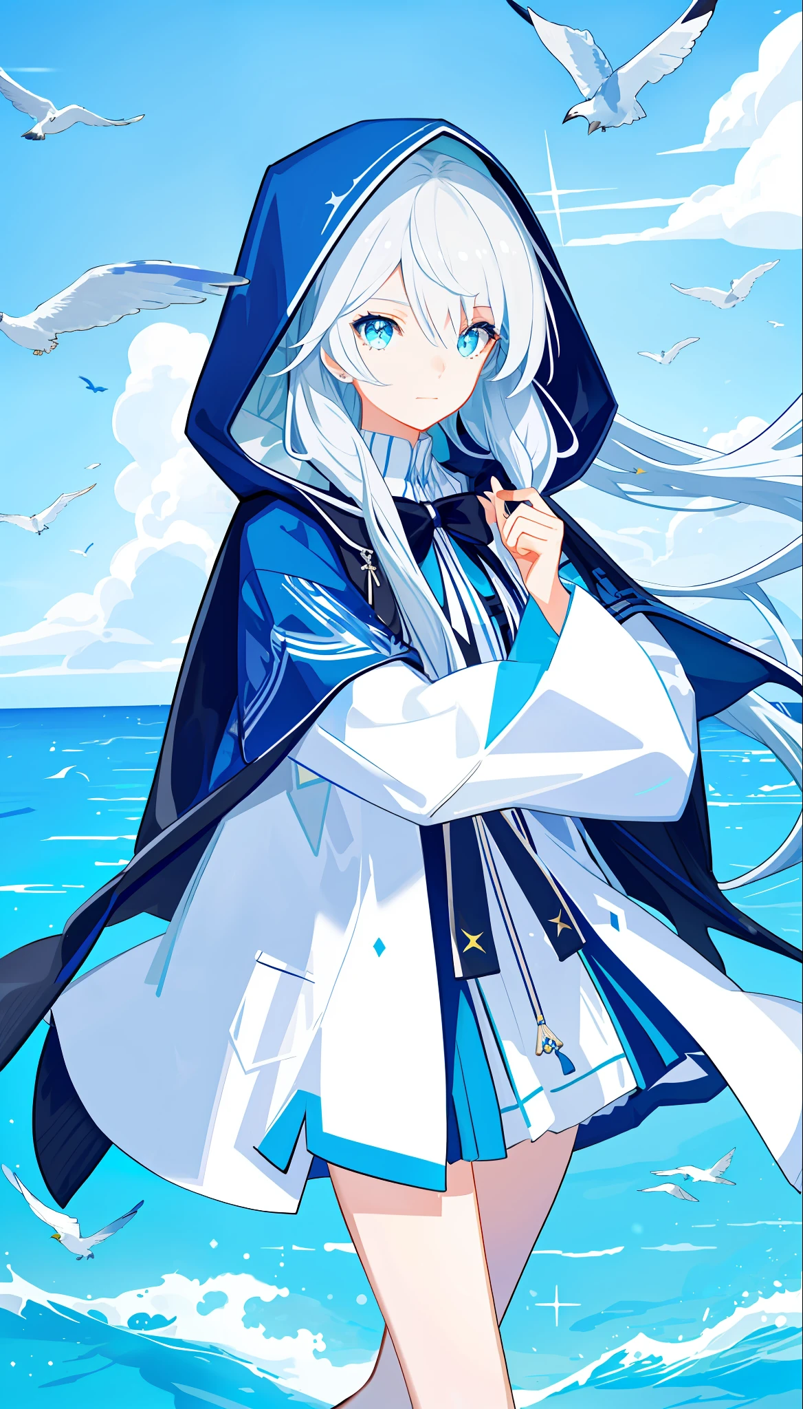 masterpiece, best quality, 1 girl, beautiful, long hair, complex pattern, detailed face, best ratio four finger and one thumb, upper body, casual clothes, oversized hood, ocean background, many birds, blue sky full of extremely brilliant clouds, sparkling horizon, glittering debris