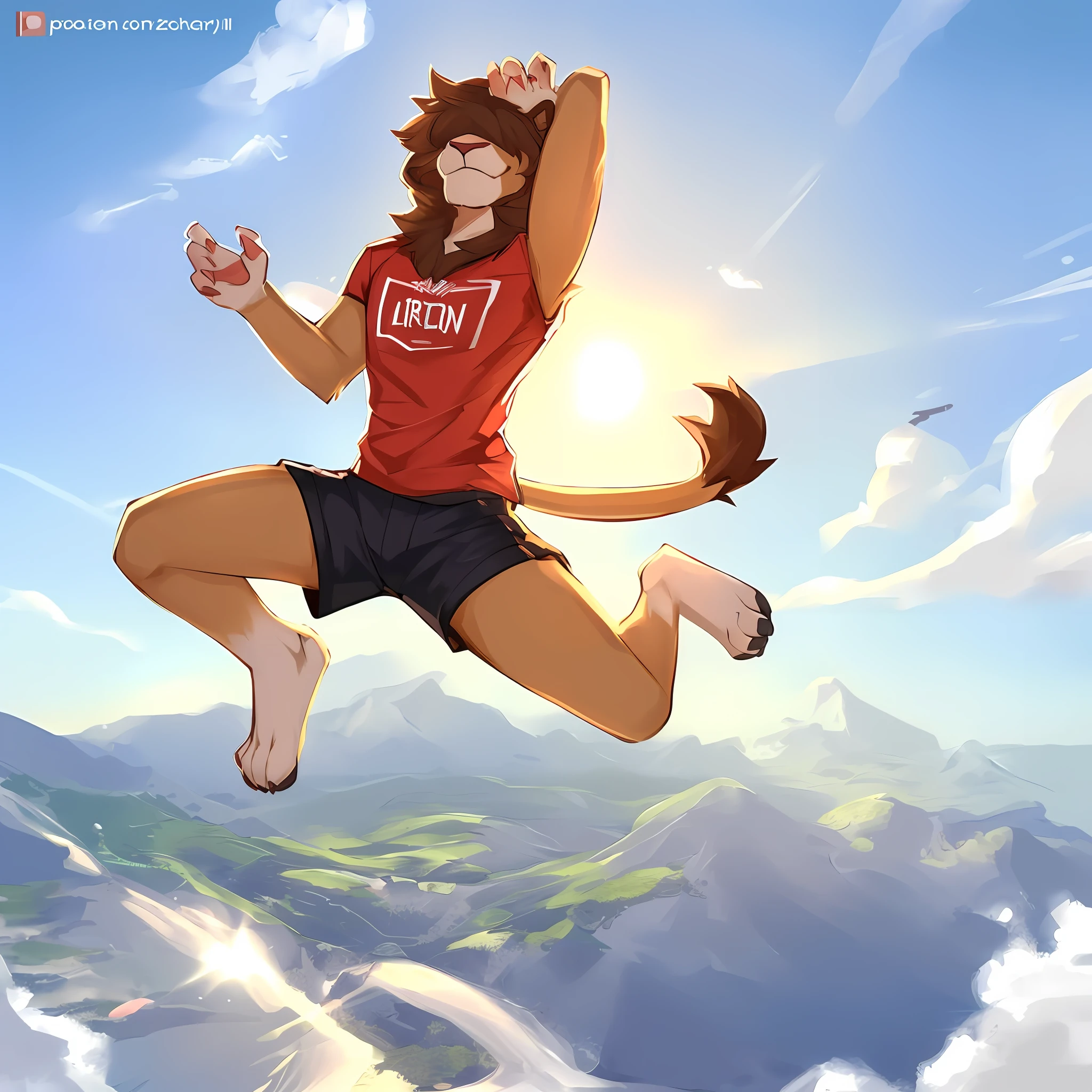 thin male solo cartoon lion by zackary911 hair over eyes wearing clothes sunlit people in background Paws instead of hands and feet paws visible scenic smiling four fingers claws famous location photogenic creative pose jumping pants on lion tail, shorts