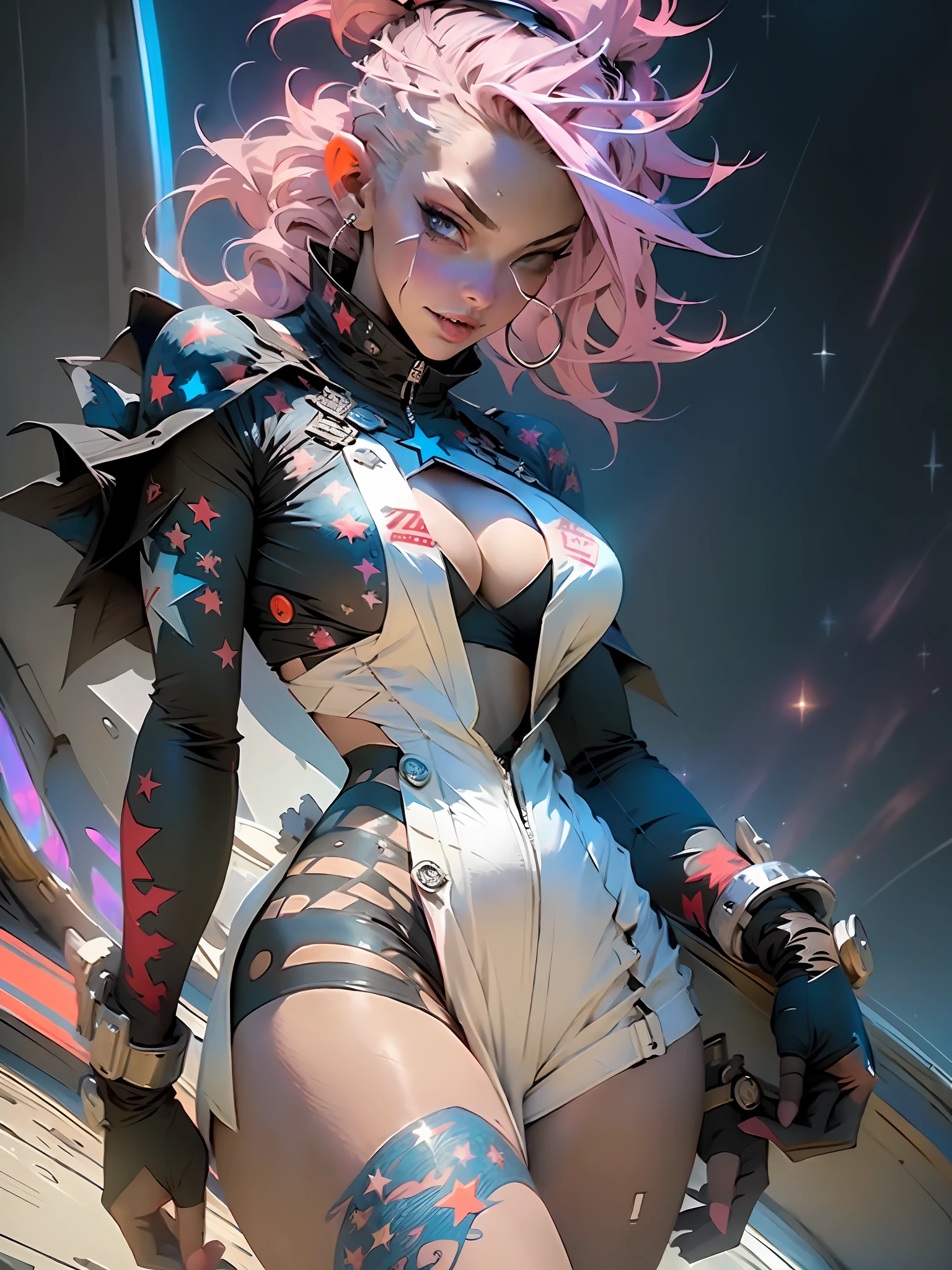 Woman body set thick thighs parts of the covered by technological clothing, (((large breasts)) perfect, generous neckline, pastel, white mohawk hair with locks, red, short underwear, garter belt, by mucha, niji, close to real, best quality, almost naked, psychopath, crazy face, action pose, harlequin, starry night, outfit imitating plane P40, shark mouth, dragon tattoos on the arms, dark blue bra with white stars, stars covering breasts