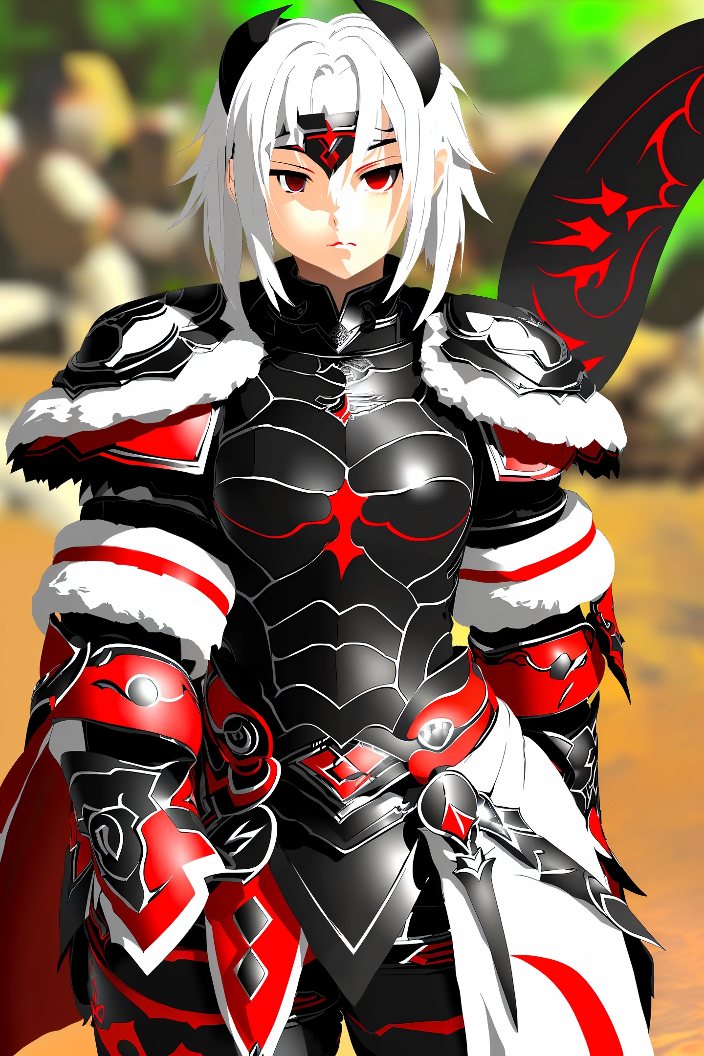 blonde woman black armor white red eyes tai sao