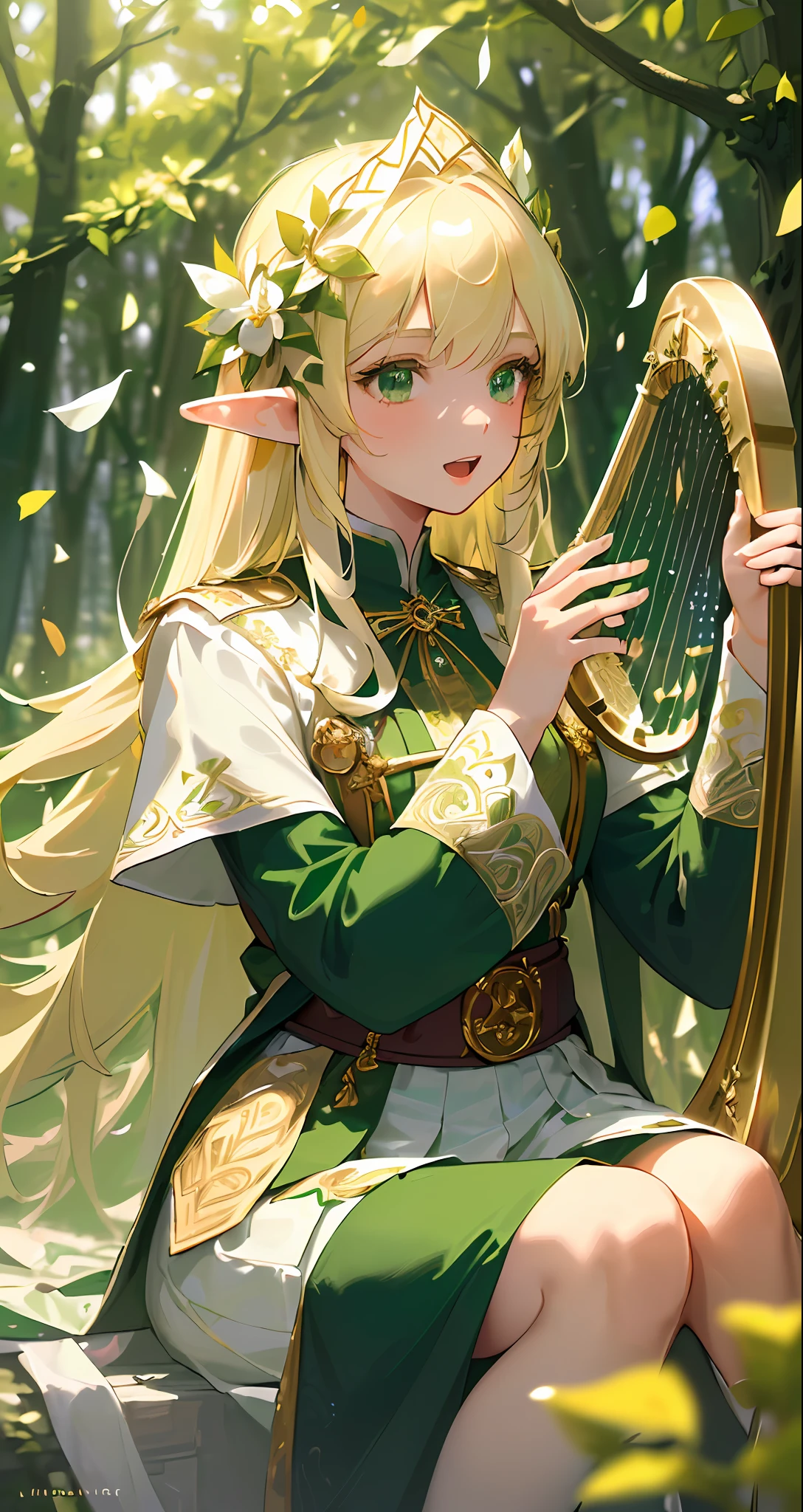 (((Masterpiece, highest quality, high definition, high detail))), one elf woman, white short skirt with gold embroidery, blonde long straight hair, bright green eyes, green surcoat embroidered with gold, ((sitting)), (happy)), ((open mouth)), (tilting head), forest, (through trees)), ((strong wind)), (flower confetti)), (sitting and playing Irish harp) )), ((((upper body)))), (watch viewer)