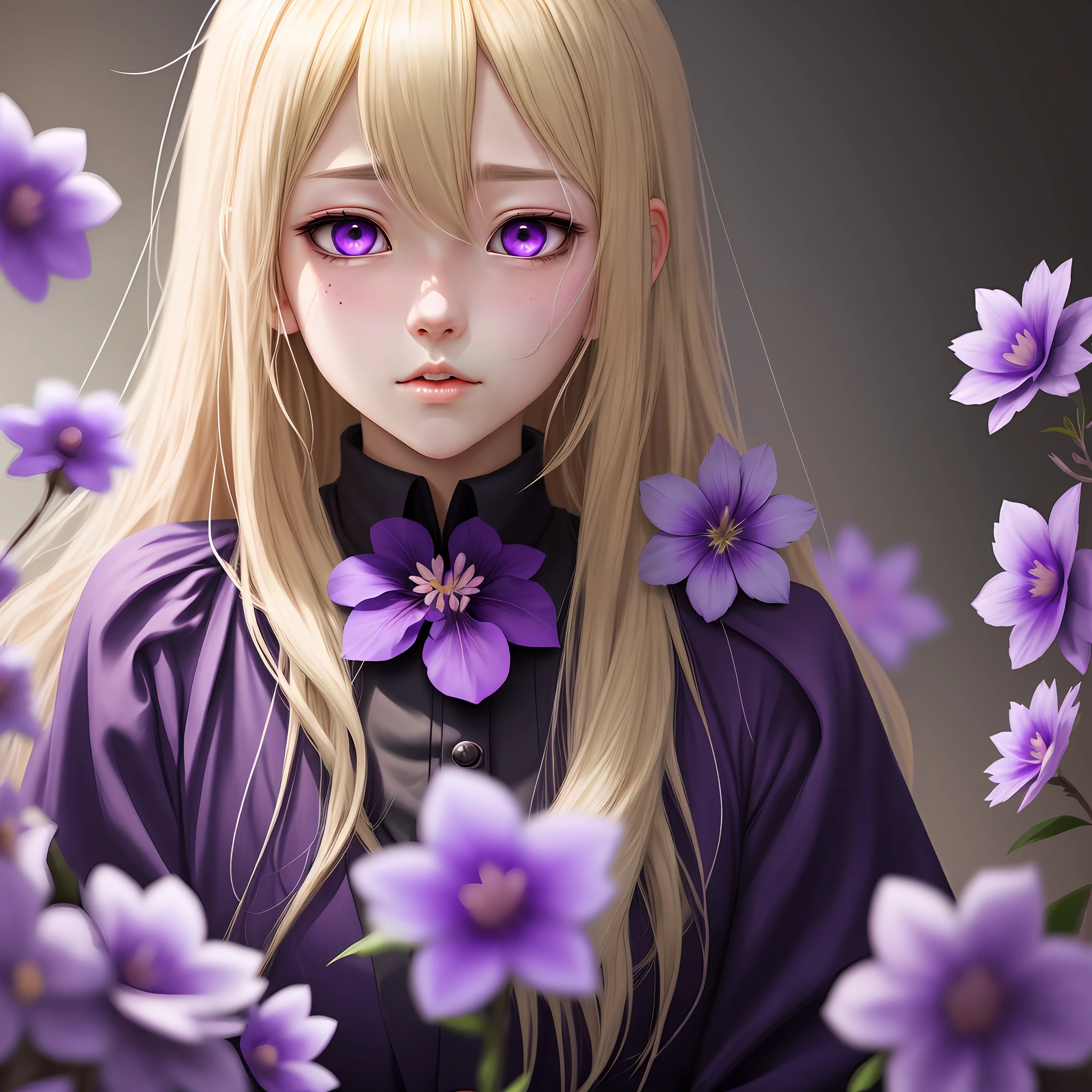 Anime blonde hair girl violet eyes suffering hanahaki disease, purple flowers blooming and coming out of mouth with purple blood