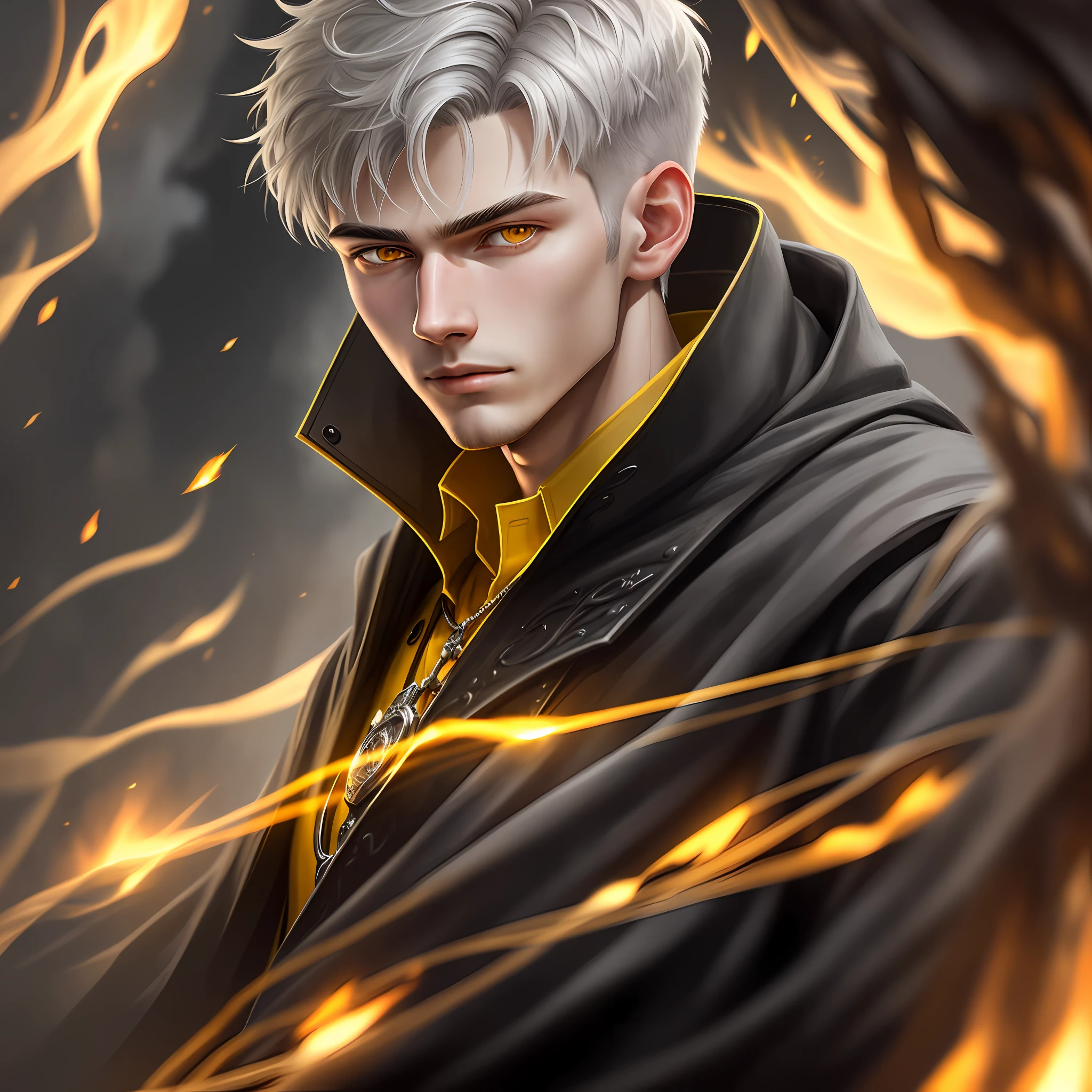 High detail, clarity, 8kk, young guy, 18 years old, light gray hair, short haircut, yellow eyes, fire everywhere, realism, fantasy,