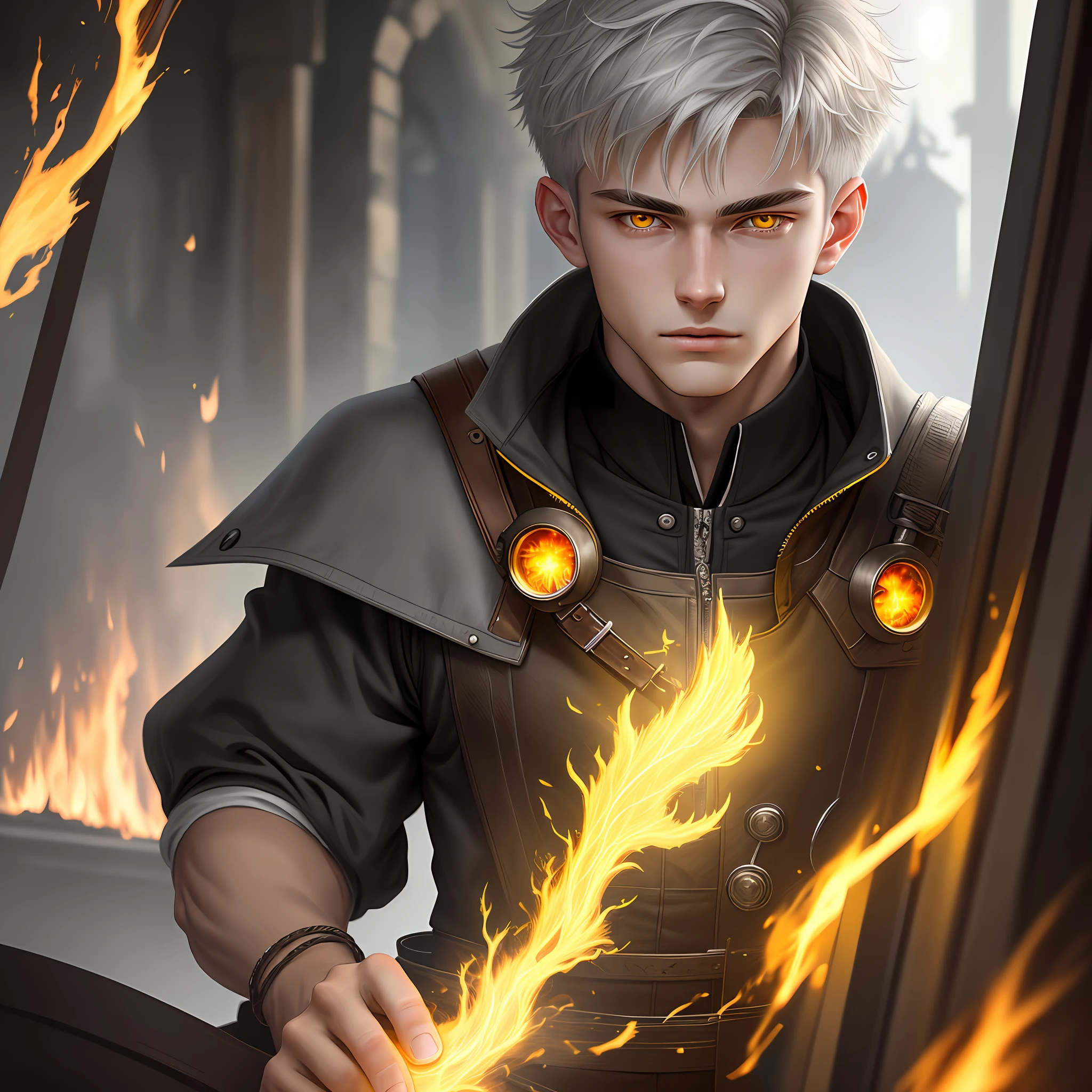 High detail, clarity, 8kk, young guy, 18 years old, light gray hair, short haircut, yellow eyes, fire everywhere, realism, fantasy,