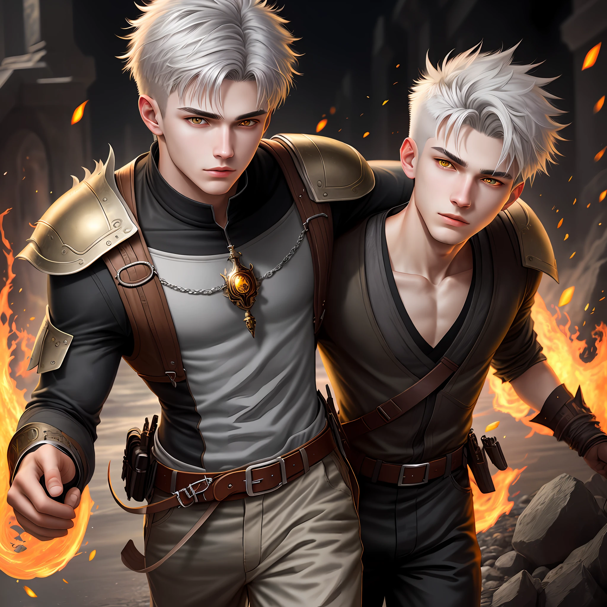 High detail, clarity, 8kk, young guy, 18 years old, light gray hair, short haircut, yellow eyes, fire everywhere, realism, fantasy,