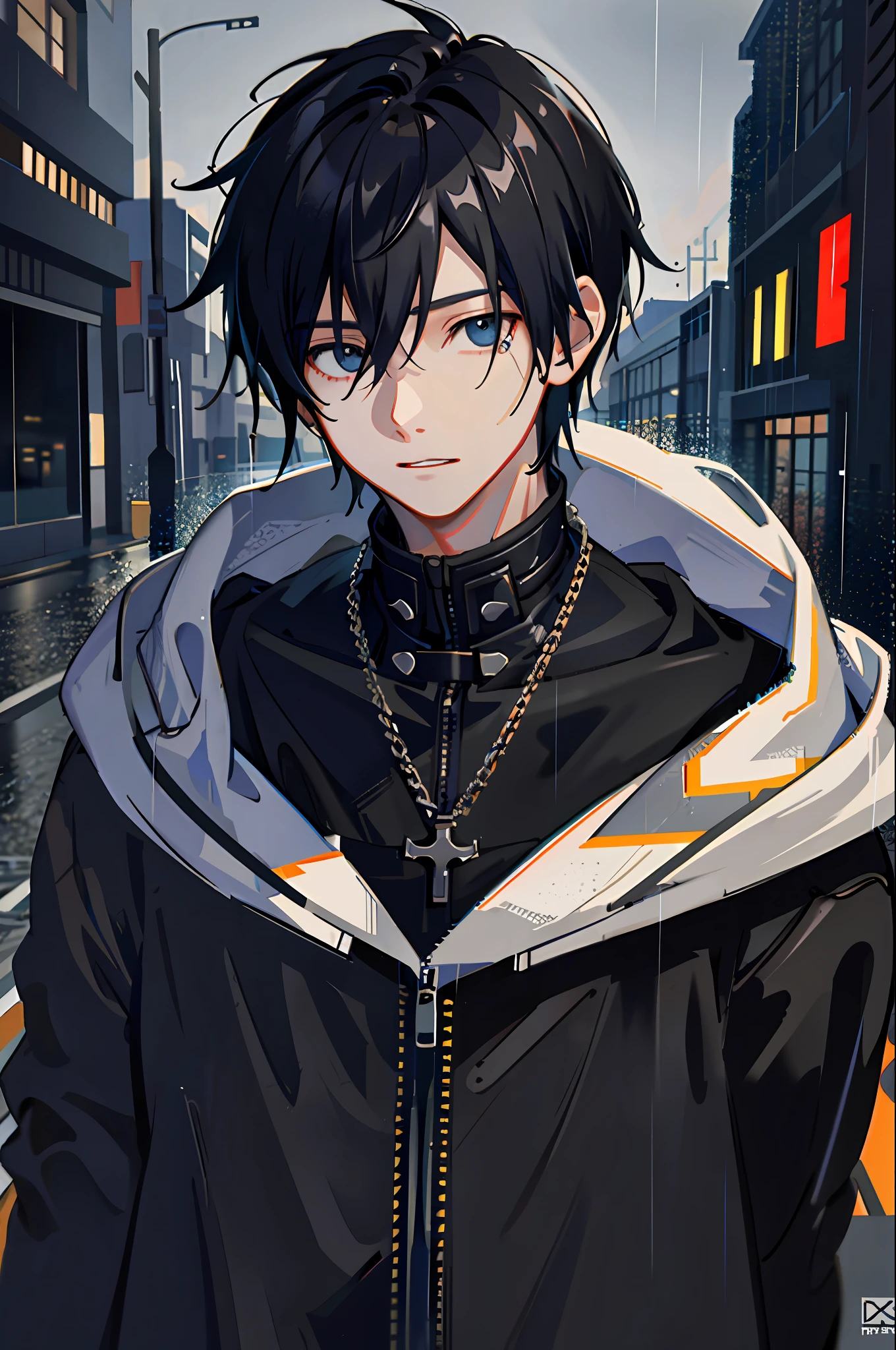 1boy, jacket, rain, outdoor, hoodie, open jacket, chain, backpack, looking at another, messy hair, trending on artstation, 8k resolution, highly detailed, anatomically correct, sharp image, digital painting, concept art, trending on pixiv, style of makoto shinkai,