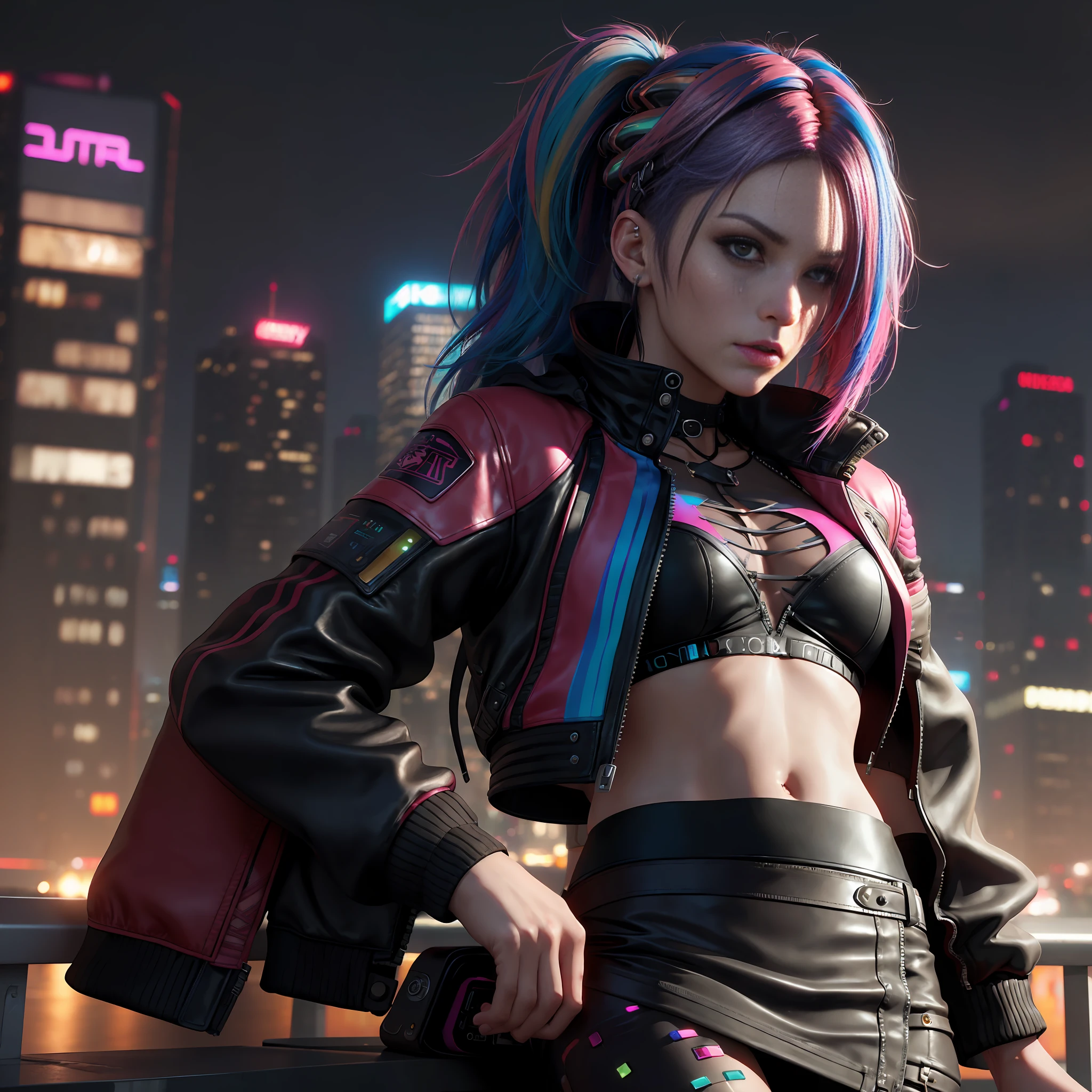 (Realistic + Ultra Realistic + 3D + artstation+CGsociety + 8K), City Night Scene, Beautiful Woman, Cyberpunk, (Multi-colored Hair: 1.2), (Cheekbones + Detailed Face + Beautiful Leather Jacket), (Sheer Top + Skirt), Colorful and Vibrant.