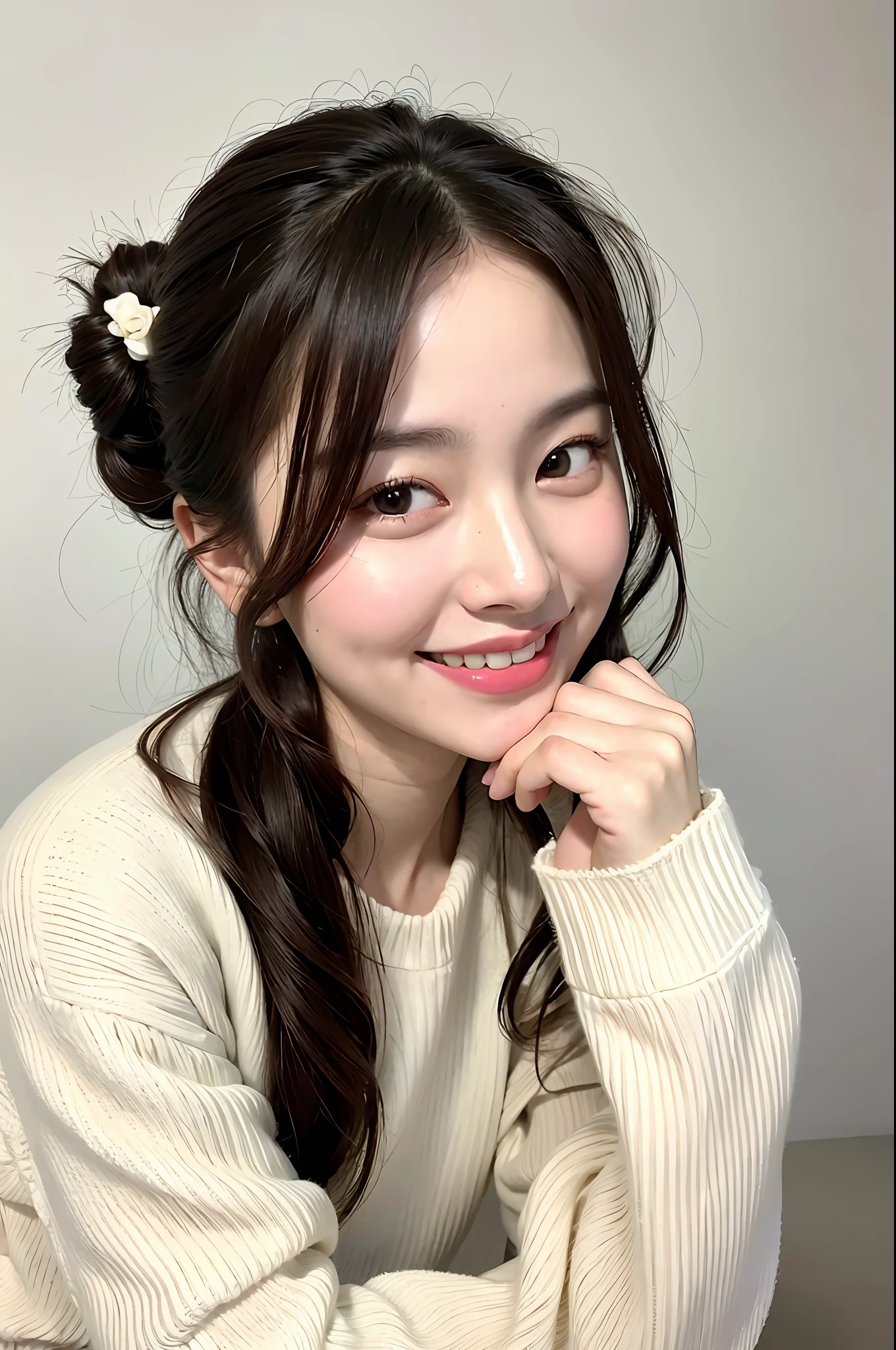 mix4,(8k, RAW photo, best quality, masterpiece:1.2), (realistic, photo-realistic:1.37), photo, ultra high res, photography, 1girl, cute, cozy home, smile, one bun hairstyle, white sweater, realistic hair