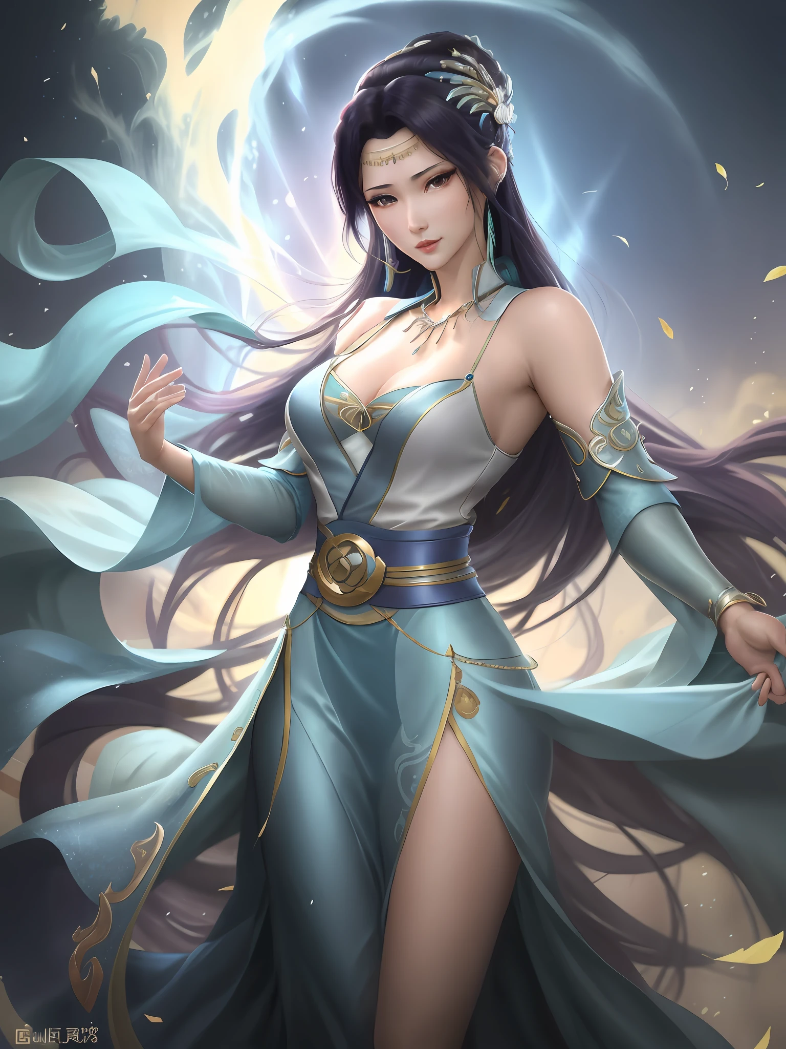 "(((yunyun))) stands before you with a beautiful face and an alluring expression. She's wearing a stunning blue open dress, and a delicate necklace and hair ornament that accentuates her charm and elegance. With her left arm reaching out and her right arm hanging down, her posture exudes both confidence and grace. This masterpiece is delivered in high quality, high resolution, and promises to leave you breathless."