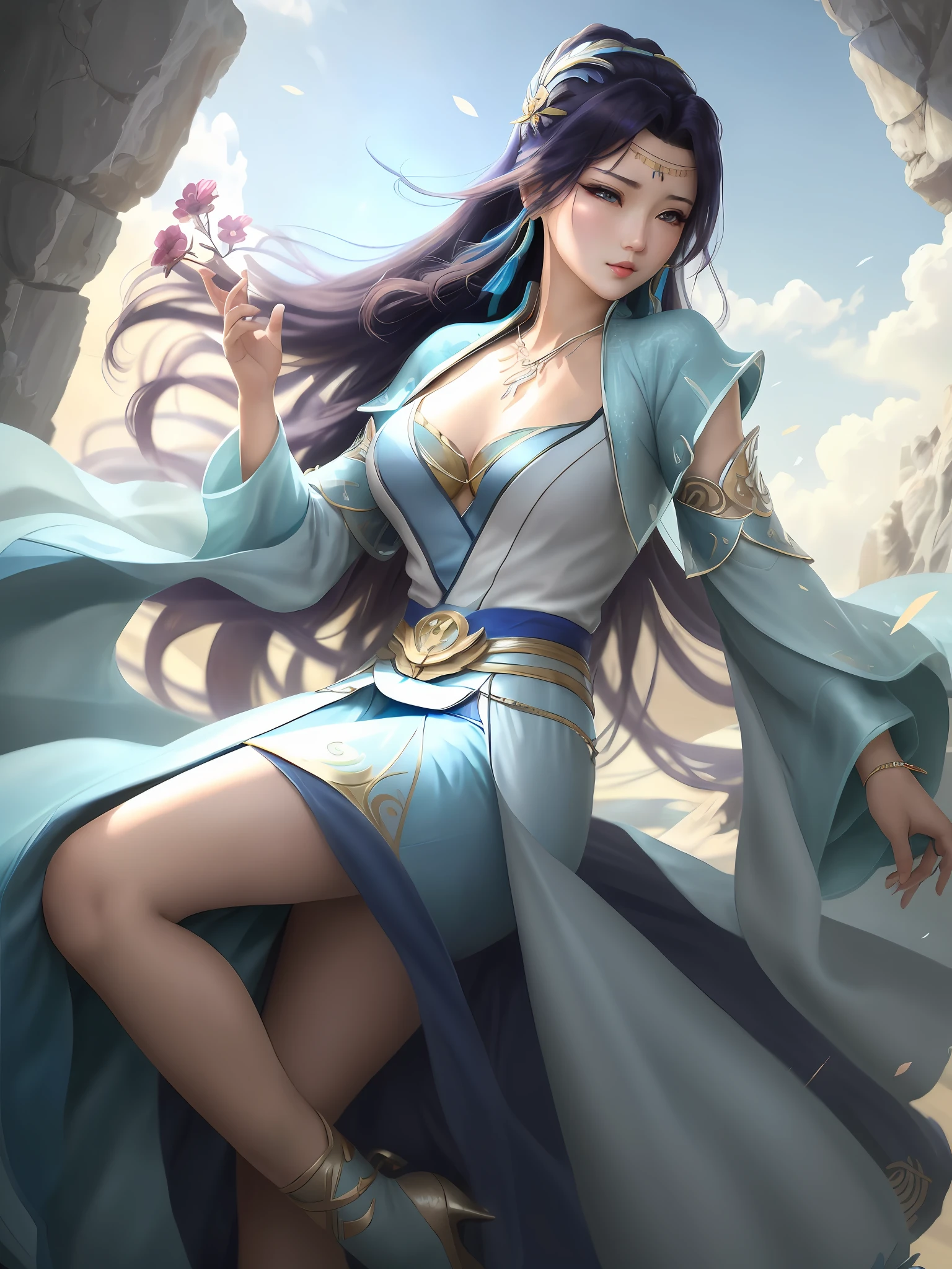 "(((yunyun))) stands before you with a beautiful face and an alluring expression. She's wearing a stunning blue open dress, and a delicate necklace and hair ornament that accentuates her charm and elegance. With her left arm reaching out and her right arm hanging down, her posture exudes both confidence and grace. This masterpiece is delivered in high quality, high resolution, and promises to leave you breathless."