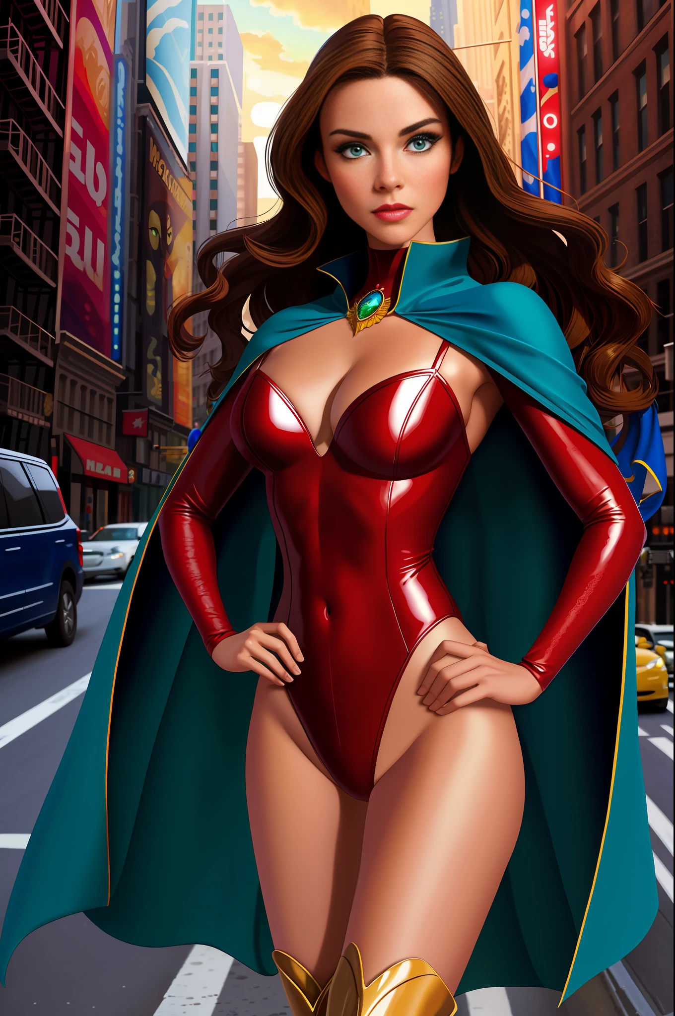 ((best quality)), ((masterpiece)), ((ultra realistic)), american, beautiful detailed face, detailed eyes, sexy reporter, dressed in a red leotard, new york city backdrop, highly detailed, professional, bare legs, (full body), hands on hip, standing, brown hair, medium hair, green eyes, matching boots, long sleeves, yellow hawk-shaped crest engraved on chest, blue cape,