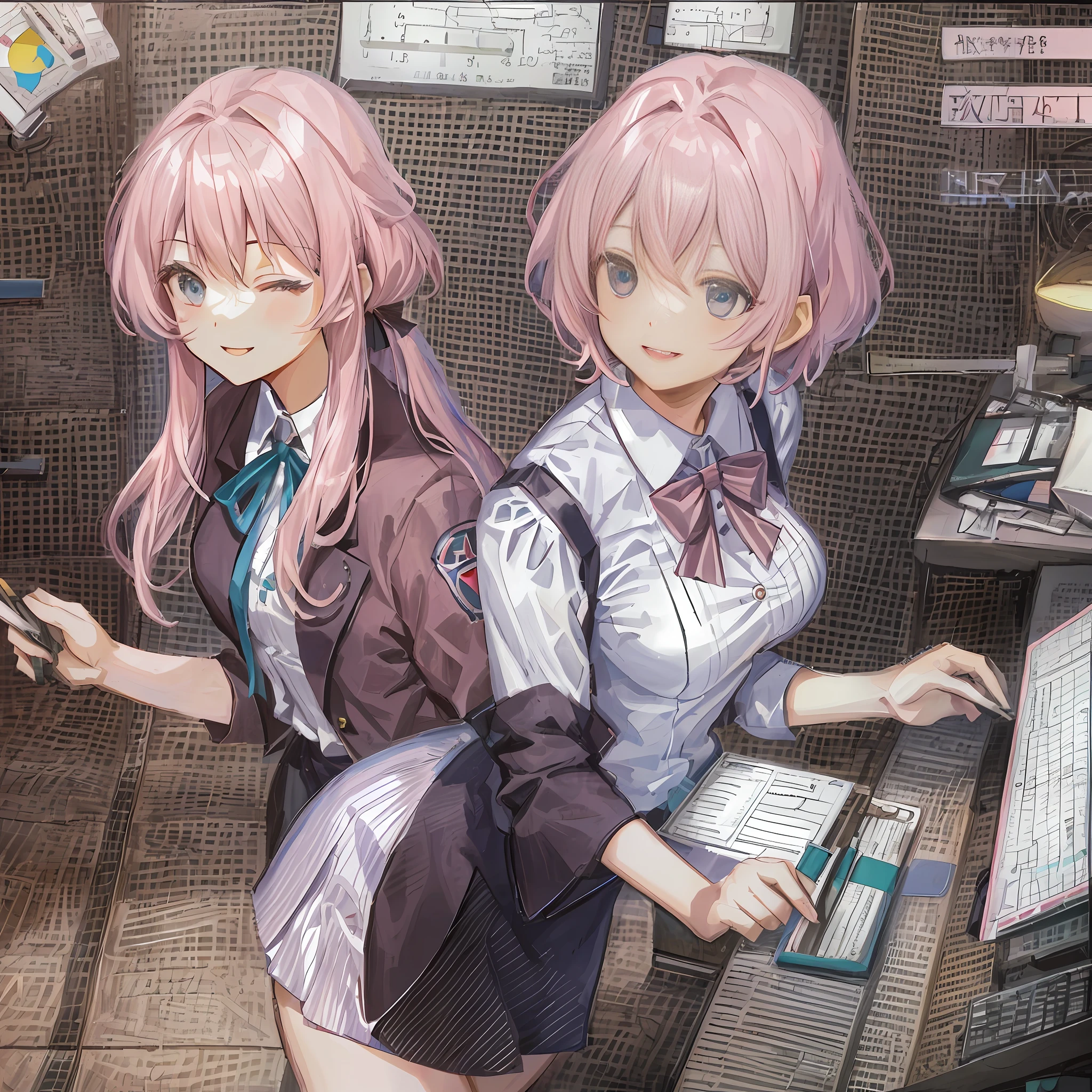 ((masterpiece, best)), (1girl), (mature woman), light pink hair, halo, trumpet, ((office lady)), bangs, mid-breasted, (full), slim, smile, [wide hips], office, sitting, aru \ (blue file),
