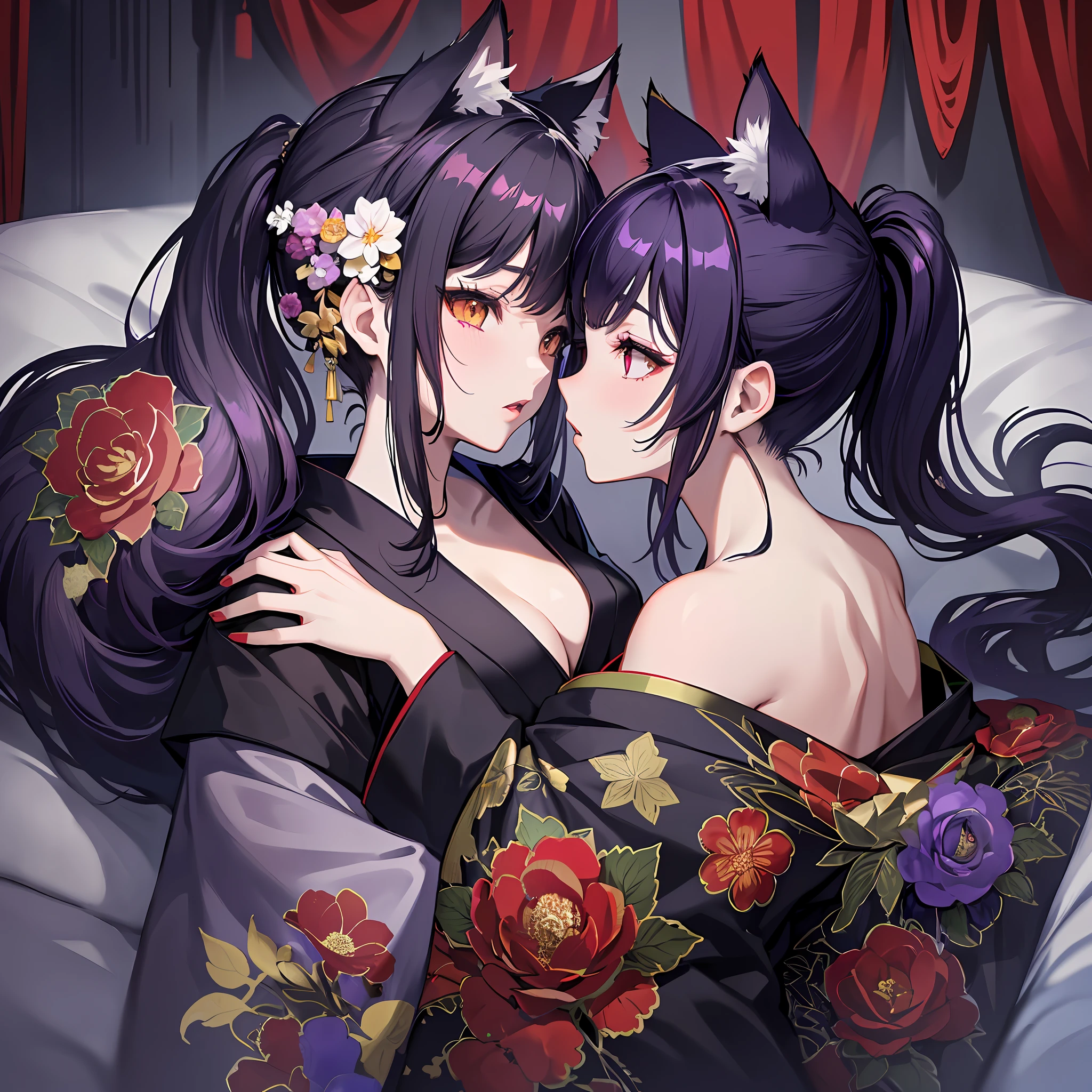 masterpiece, high resolution, high quality, bedroom, night, 2 girls, (black kimono, purple hair ornament, big, cat ears, floral, red eyes, black hair, ponytail), seduction, NSFW, (white kimono, red hair ornament, big, cat ears, floral pattern, yellow eyes, white hair, twin tails), goh, kissing