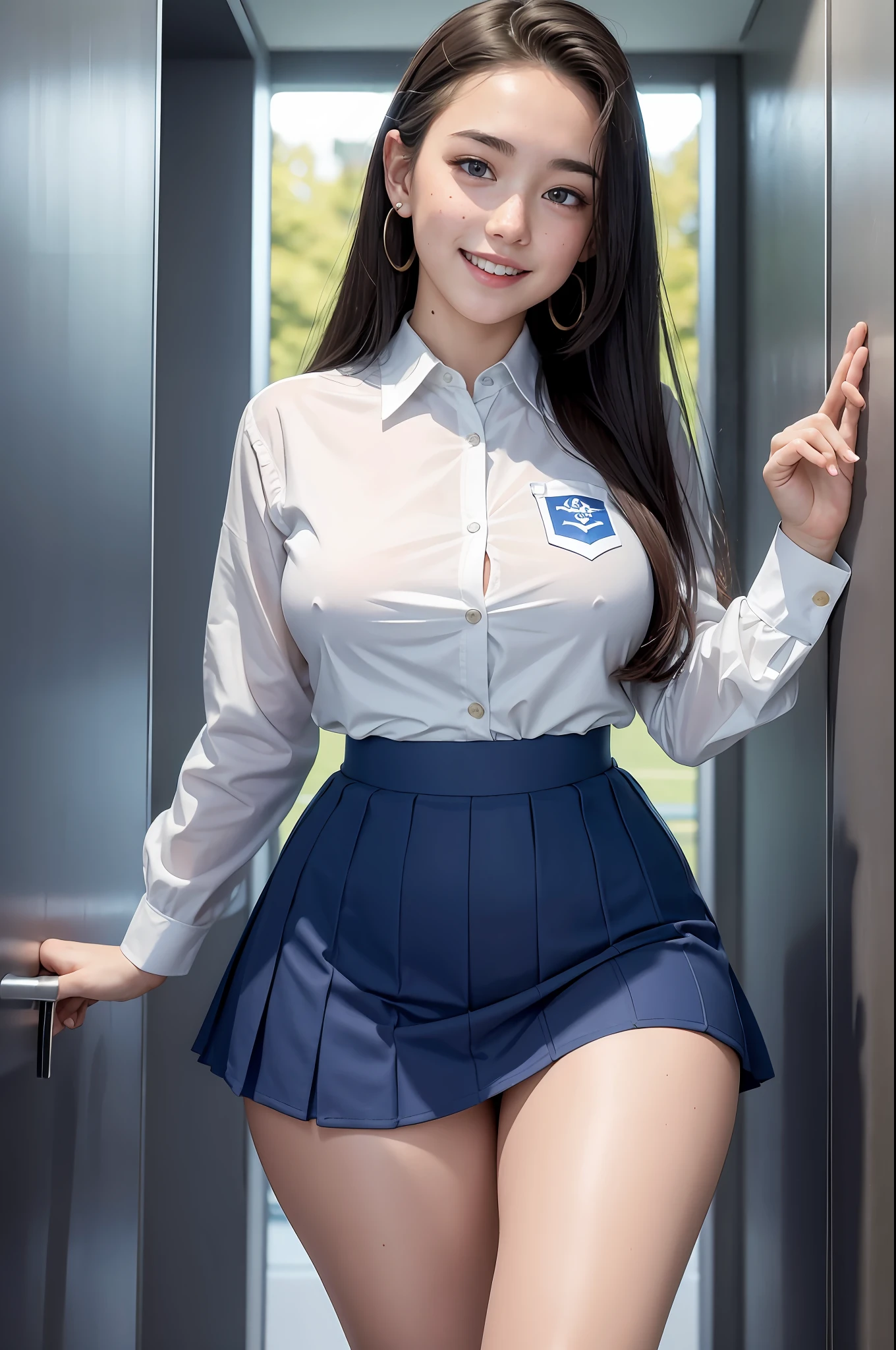 1girl, white skin, long hair, korean, young, bright blue eyes, thick eyebrows, freckles on skin, head tilted, one ear out, smiling, teeth out, school uniform, tight big waist, wide thighs, wide thigh gap, on all fours, inside restroom cubicle, with one boy, without dress hyper-realistic, high detail, 8k, masterpiece