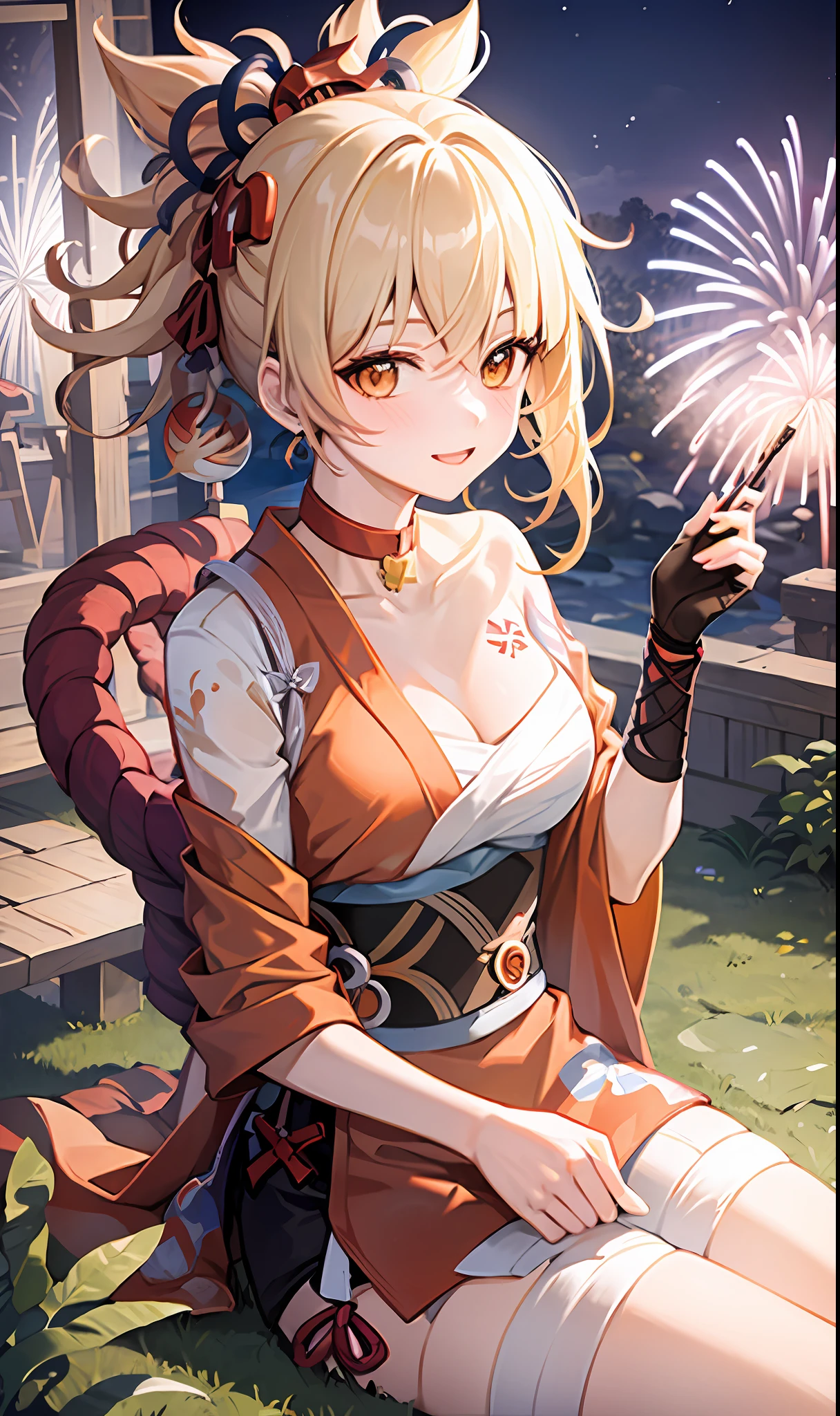 1girl,cowboy shot,sitting,chair, fireworks,evening,joy,origen,