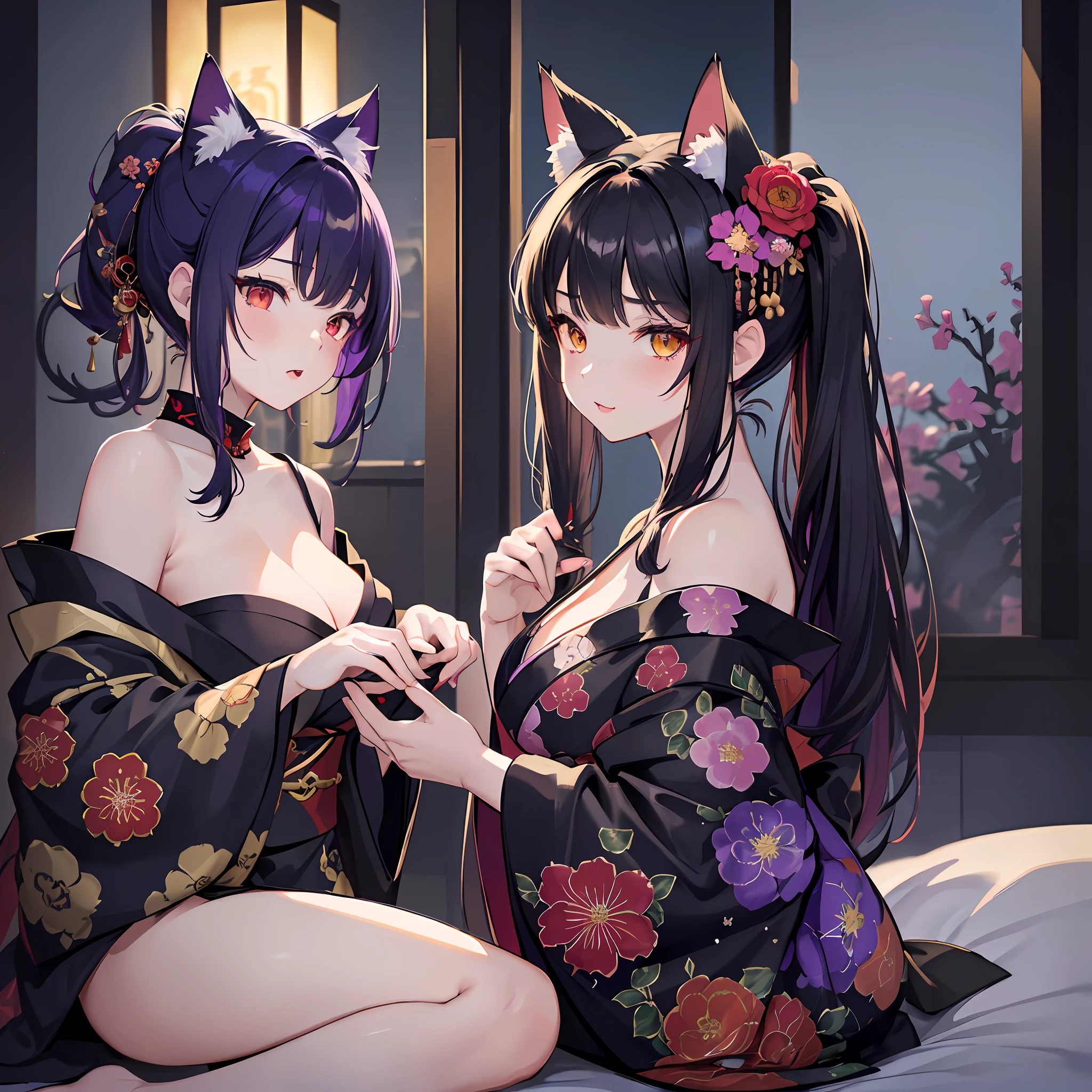 masterpiece, high resolution, high quality, bedroom, night, 2 girls, (black kimono, purple hair ornament, big, cat ears, floral, red eyes, black hair, ponytail), seduction, NSFW, (white kimono, red hair ornament, big, cat ears, floral pattern, yellow eyes, white hair, twin tails), goh, kissing