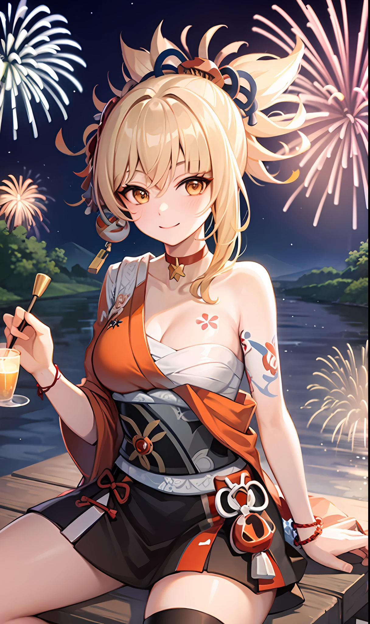 1girl,cowboy shot,sitting,chair, fireworks,evening,joy,origen,