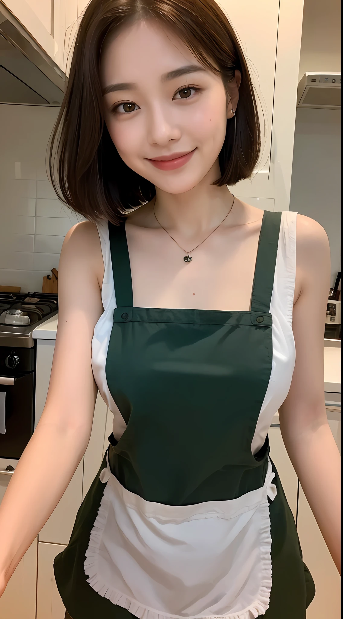 (Best quality, 8k, masterpiece: 1.3), a beautiful woman with perfect figure: 1.4, dark brown hair, wearing a pendant, wearing an apron, in the kitchen, highly detailed face and skin, detailed eyes, double eyelids, big breasts, smile