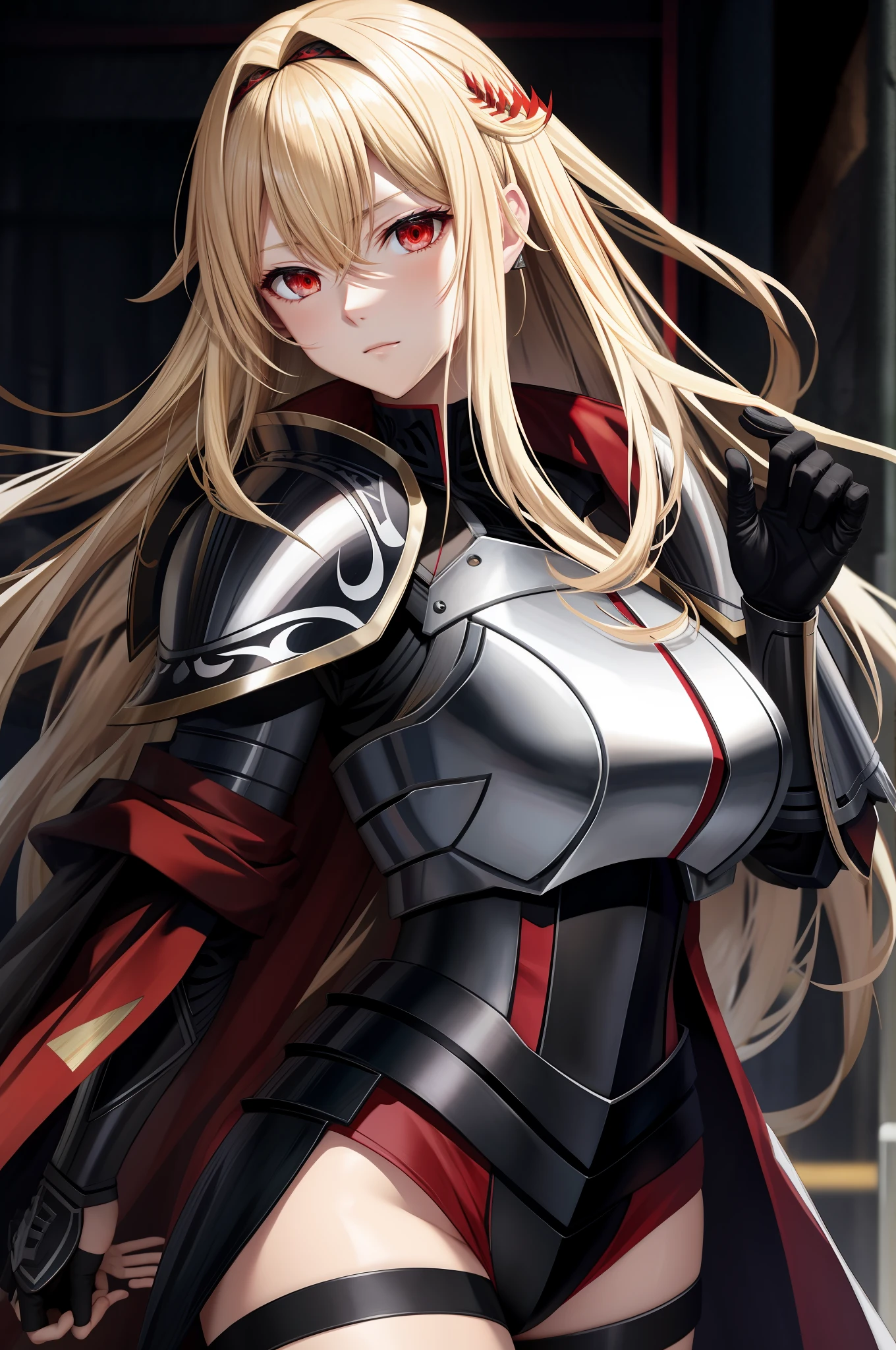 blonde woman black armor white red eyes tai sao