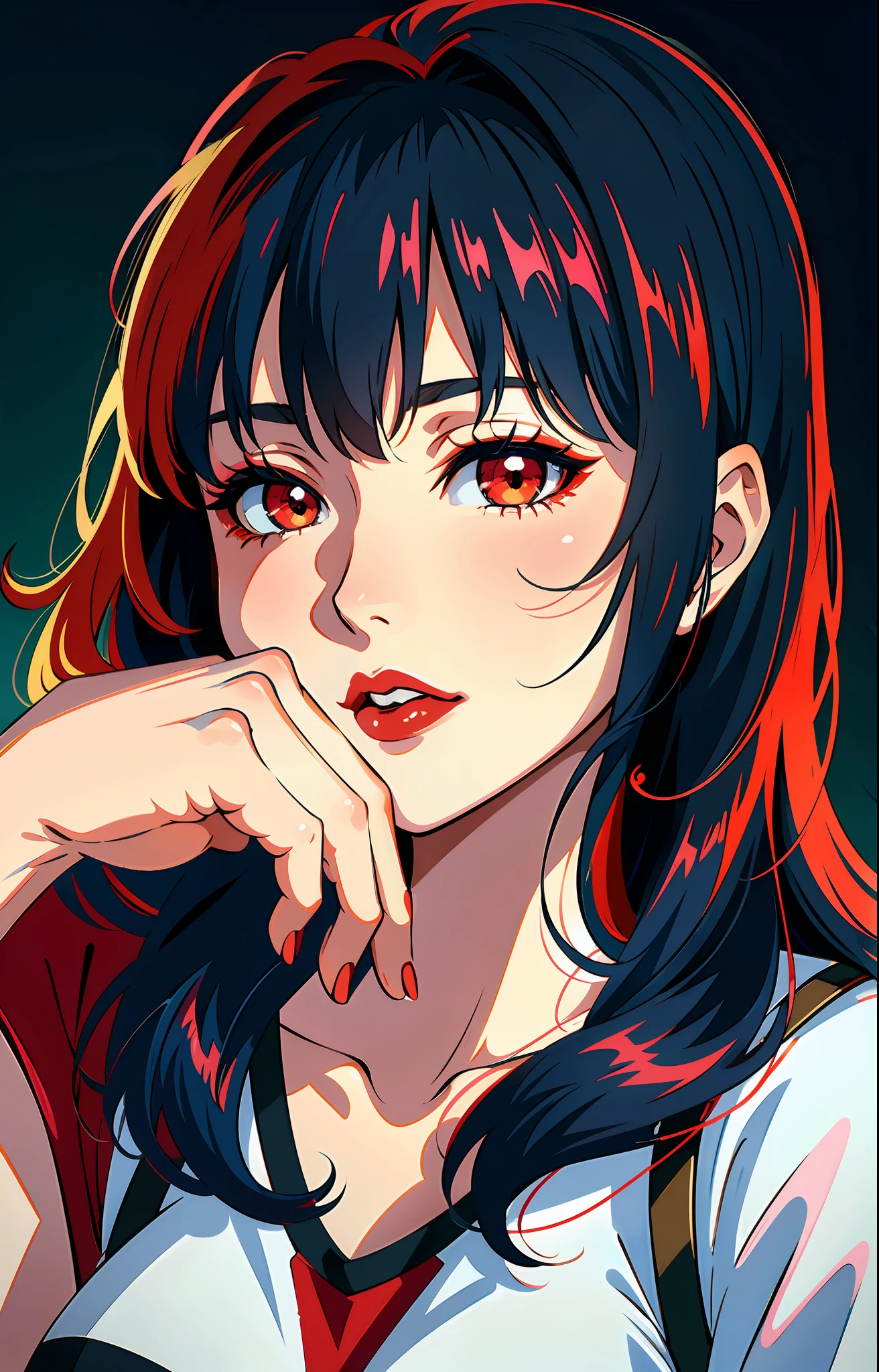 (masterpiece),(best quality:1.0), (ultra highres:1.0), detailed illustration, 8k, anime, 1girl, beautiful anime girl, wearing a red top, pretty face, detailed face, beautiful eyes, detailed eyes, dark red eyes, bright red lips, red lipstick, beautiful stylish hair, highlights in hair, bangs anime style, best quality, vibrant