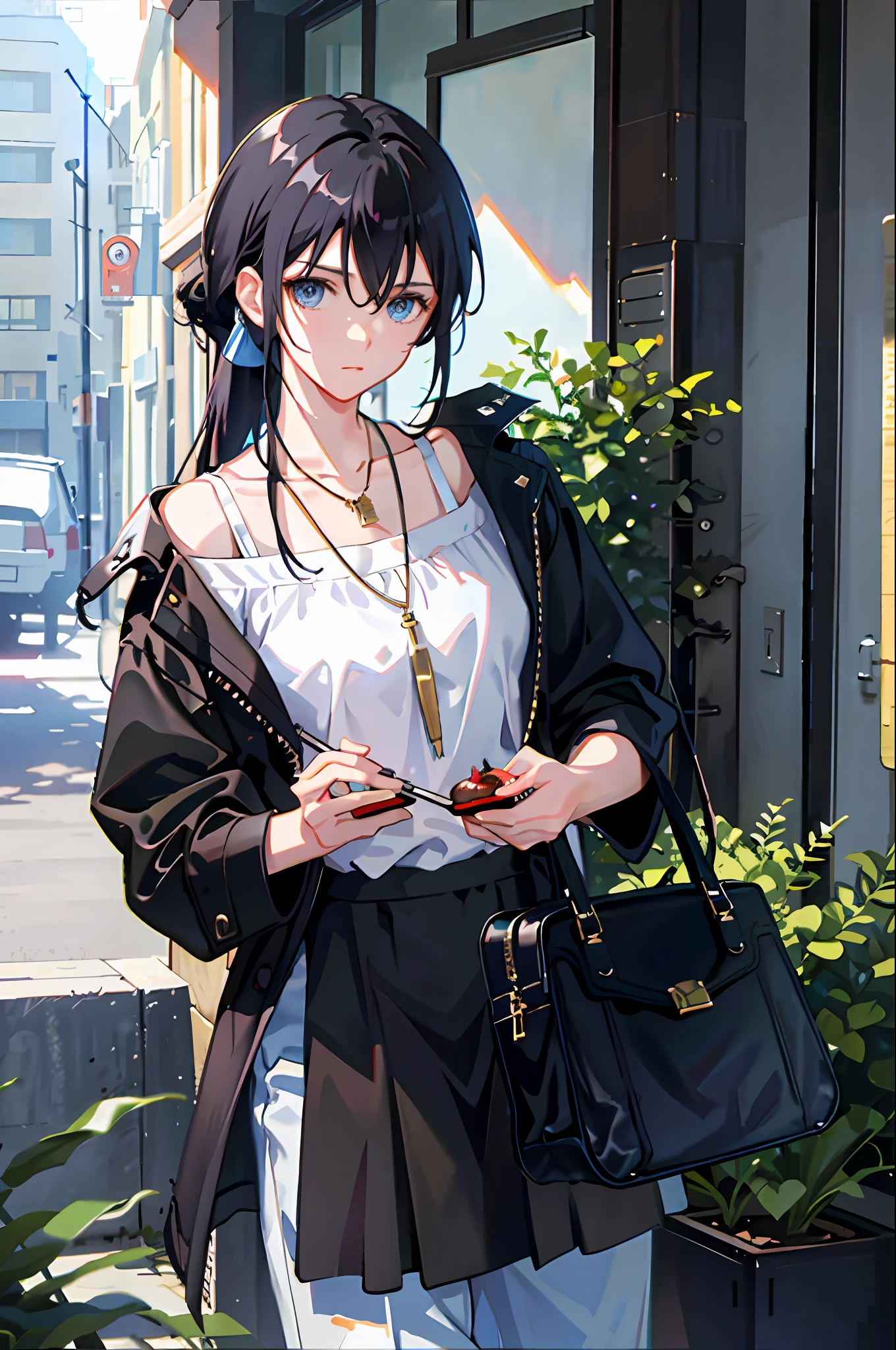 1girl, apple, bag, bangs, berry, black hair, black shirt, blue eyes, hair between eyes, jewelry, leaf, looking at viewer, male focus, necklace, pants, shirt, solo, watch, white pants, wristwatch, messy hair, trending on artstation, 8k resolution, highly detailed, anatomically correct, sharp image, digital painting, concept art, trending on pixiv, style of makoto shinkai,