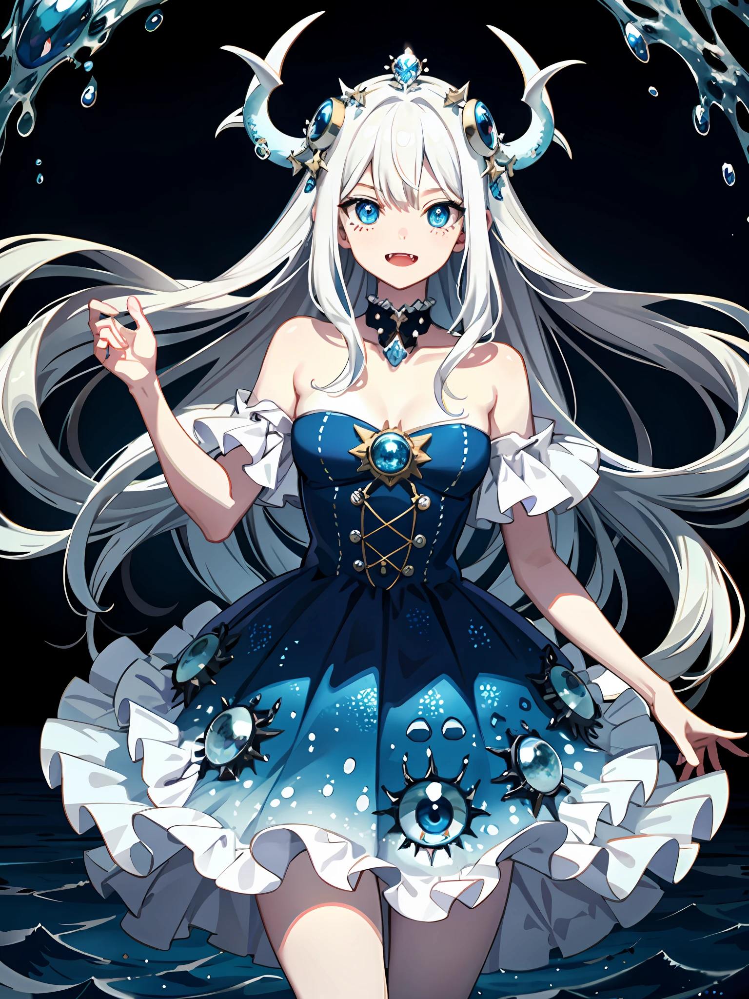 Vivid monster of the sea with three fangs sticking out, skin is blue and white polka dots, two hemispherical eyes, angel ring on the head, the background around is the color of the sea, there is another terrifying eye on the chest, undersea, 3D, high quality, high quality, fantasy
