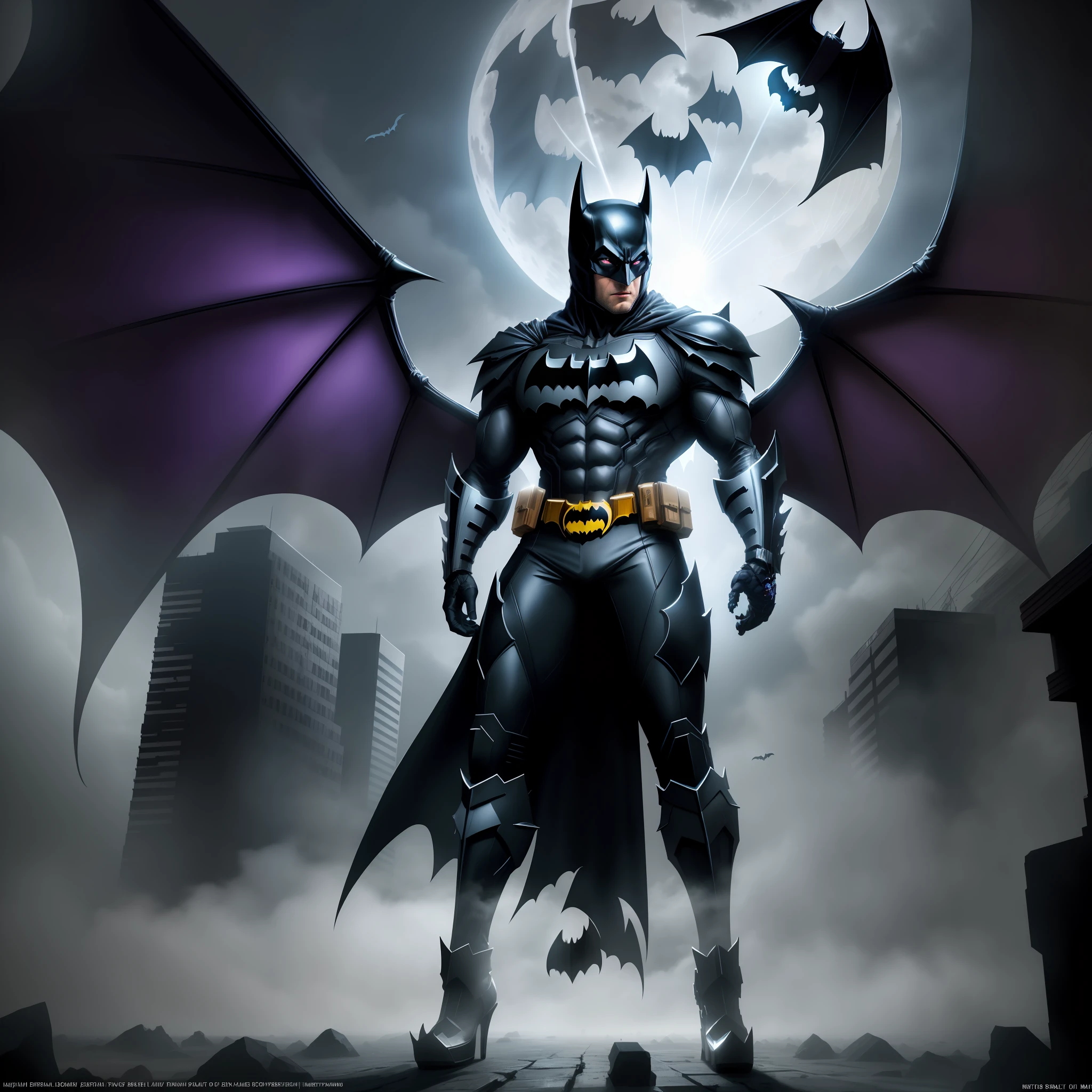 A crystal skeleton, full body, ((with batman costume)), cyberpunk, flying in the moonlight, bat wings appearing, light inside chest, adamantium claws on hands, red eyes, vampire teeth, ((batman wings) giant bats)), cyberpunk, ((dark)), post apocalyptic scenery, post apocalyptic city, dramatic, bold colors, ultra realistic, 8k, intricate details, cinematic shooting, Splash art, cinematic light, diffused light, spectacular art, 100 mm, dslr, nikon, horror night, full moon, hyper detailed, realistic, striking fog