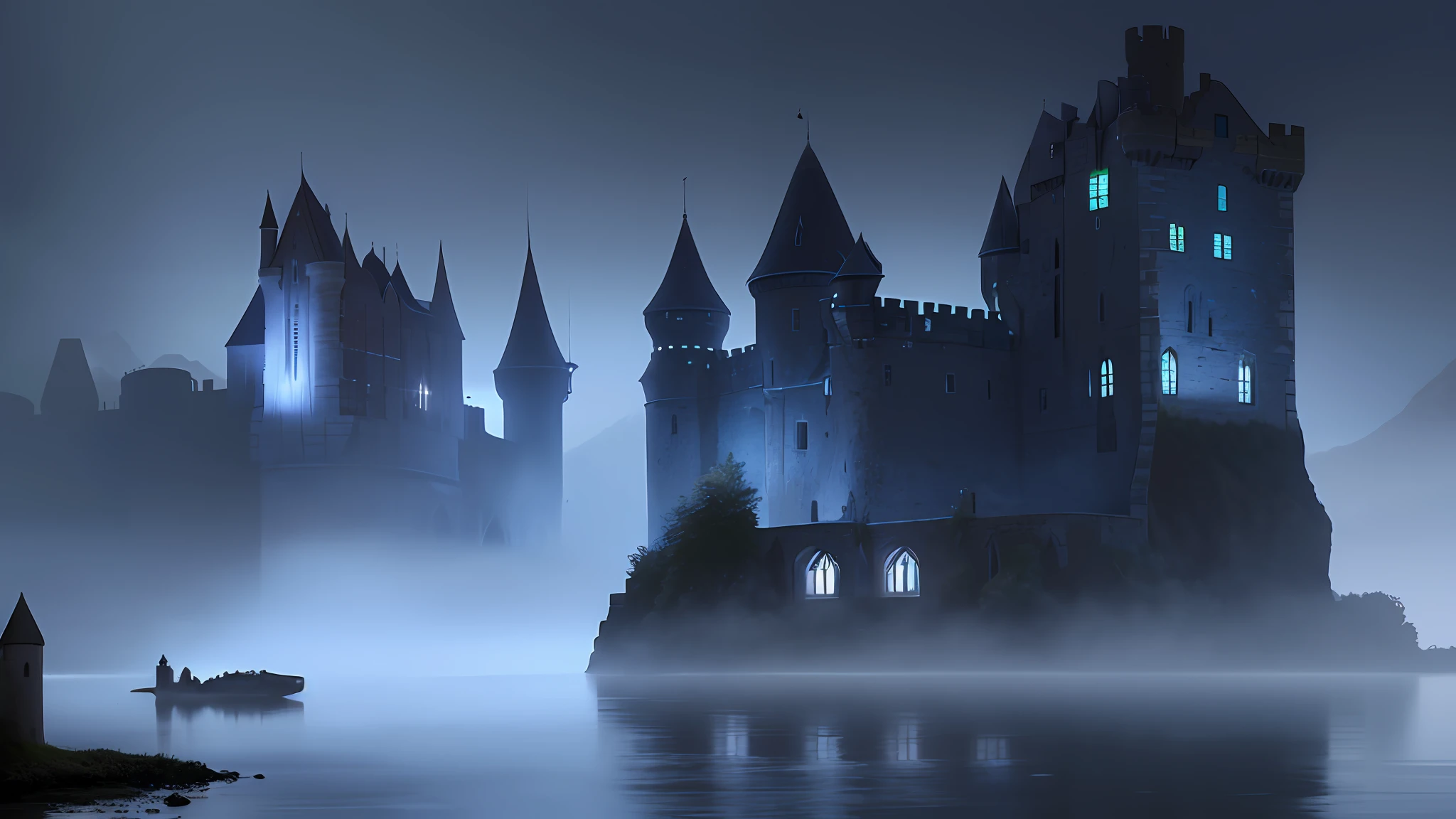 arafed castle with a bridge and a small lake in front of it, misty castle, scottish highlands, scotland, beautiful castle, a medieval castle, scarry castle). mystical, gothic castle in background, medieval castle background, castle setting, medieval castle on background, fantasy setting, fairy tale place, scarry castle)). mystical, in scotland, shallan davar