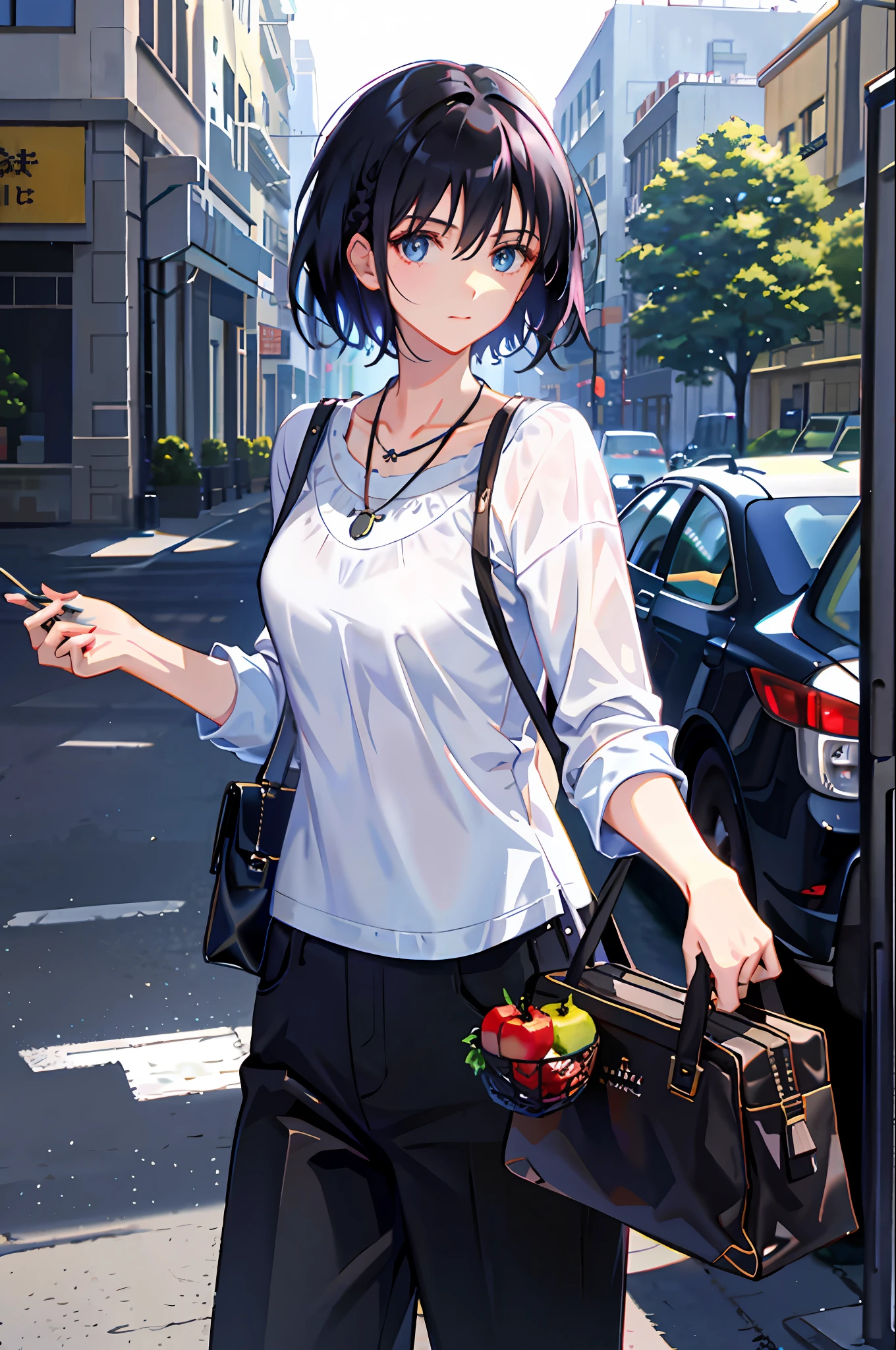 1girl, apple, bag, bangs, berry, black hair, black shirt, blue eyes, hair between eyes, jewelry, leaf, looking at viewer, male focus, necklace, pants, shirt, solo, watch, white pants, wristwatch, messy hair, trending on artstation, 8k resolution, highly detailed, anatomically correct, sharp image, digital painting, concept art, trending on pixiv, style of makoto shinkai,