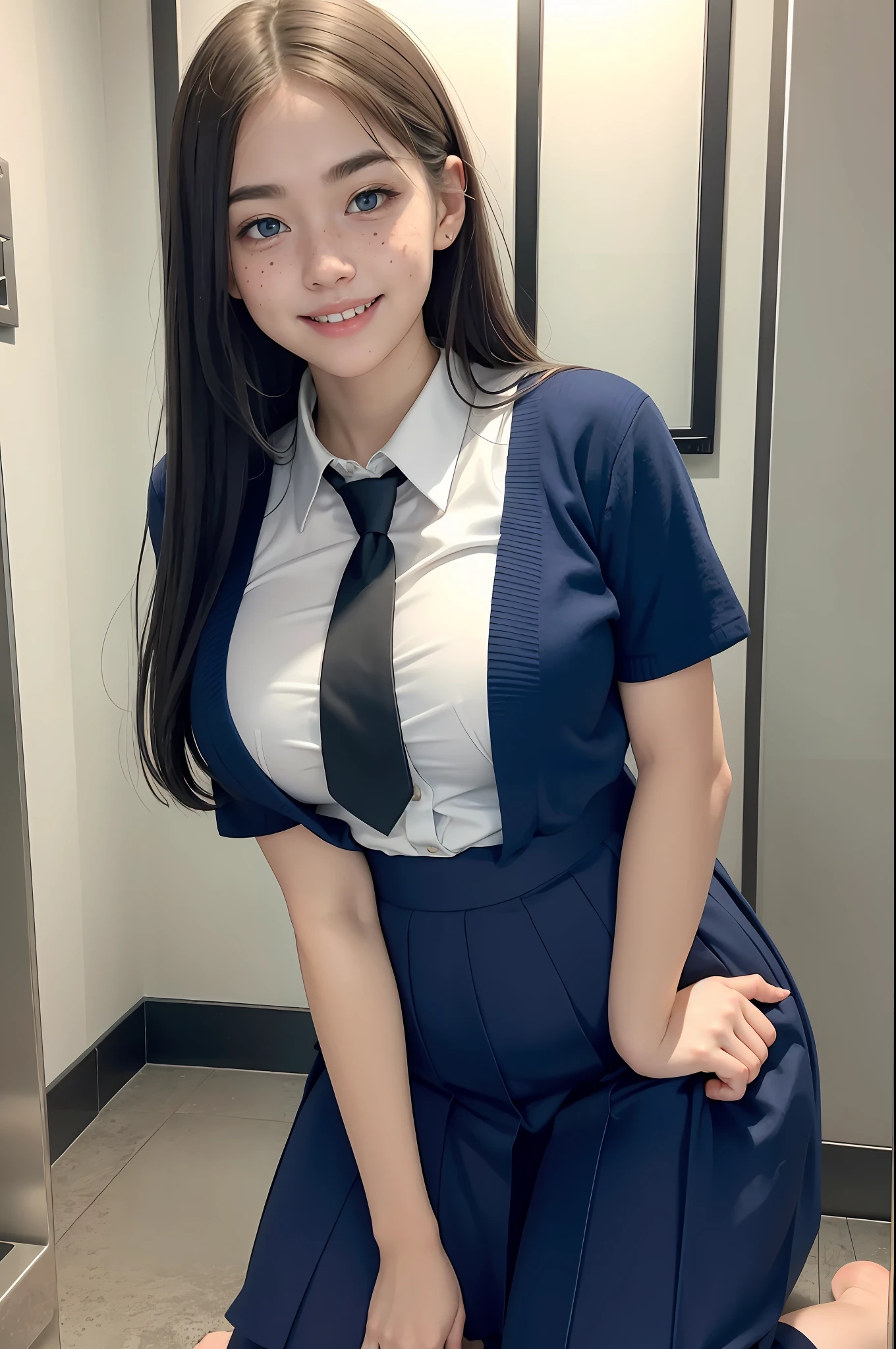 1girl, white skin, long hair, korean, young, bright blue eyes, thick eyebrows, freckles on skin, head tilted, one ear out, smiling, teeth out, school uniform, tight big waist, wide thighs, wide thigh gap, on all fours, inside restroom cubicle, with one boy, without dress hyper-realistic, high detail, 8k, masterpiece
