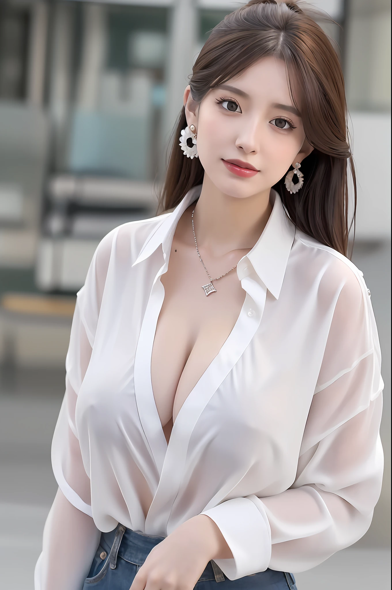 (button up to shirt length: 1.2), (White shirt wet by rain), (unbuttoned shirt: 1.1), big breasts, deep cleavage, best quality, masterpiece, illustration, very delicate and beautiful, very detailed, CG, Unity, 8K wallpapers, amazing, fine detail, highly detailed CG Unity 8K wallpapers, huge file size, very detailed, high resolution, handsome detailed woman, very detailed eyes and face, Stunning detailed eyes, light on the face, (Best illustration: 1.1), (best shadow: 1.1), ultra high resolution, (photorealistic: 1.1), (photorealistic 1.2:1.1), realistic face proportions, slim, smile, (makeup: 0.4), (fluffy black eyes: 1.21), black eyes, looking at the viewer, dark brown hair, earrings, necklaces, hairpins, cowboy shots, (irregular irregular skin imperfections, veins, skin wrinkles pores: 1.2), (dark night background: 1.2), (bokeh: 1.4),
