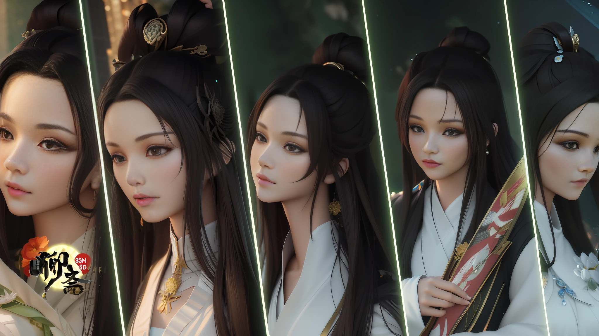 several pictures of a woman with long hair and a flower, trending on cgstation, 3 d anime realistic, 3 d render character art 8 k, artwork in the style of guweiz, realistic anime 3 d style, 8k high quality detailed art, 8k portrait render, 8k highly detailed face, 8 k character details, anime style. 8k
