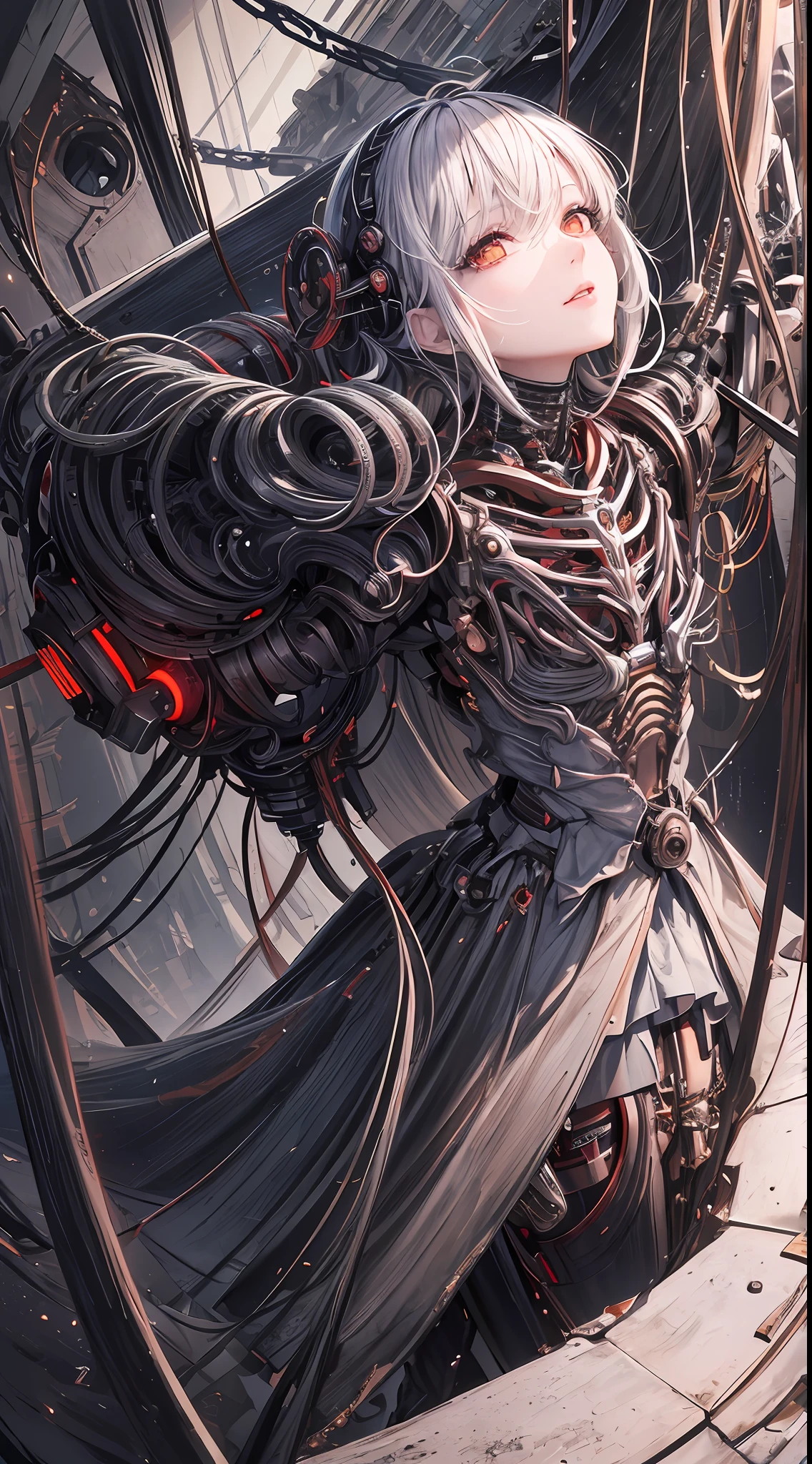 (((Masterpiece))), ((Best Quality)), (Super Detail), (CG Illustration), (Very Evil and Beautiful)), Cinematic Light, ((1 Mechanical Girl)), Single, (Mechanical Art: 1.4), ((Mechanical limb)), (Blood vessel attached to a tube), ((Mechanical spine attached to the back)), ((Mechanical cervical vertebrae attached to the neck), (Back to the viewer)), expressionless, ( Wires and cables attached to the head and body: 1.5), Science Fiction, Apocalypse, Ruins, (Lower Body Integrated with Mechanical Devices), (Blood: 1.5), Cruelty, Absurdity, Eroglotesque, Fusion with Machines, Doomsday Time, Super Future, Inorganic, Laboratory, Restraint, (Beautiful Indulgence: 1.2), (1 Girl: 1.3)