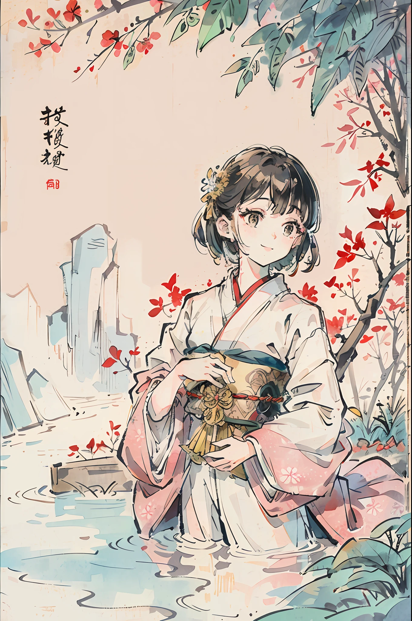 (masterpiece), best quality, good anatomy, shuimobysim, (1 girl: 1), (upper body), (smile), short hair, (hanfu), (ecchi0.5), (trees: 0.5), (flowers: 0.6), (wooden house: 0.2), (bamboo forest: 0.2), (stream: 0.2), (river: 0.2), (ink: 1.2) , Wuchangshuo, Zhenbanqiao