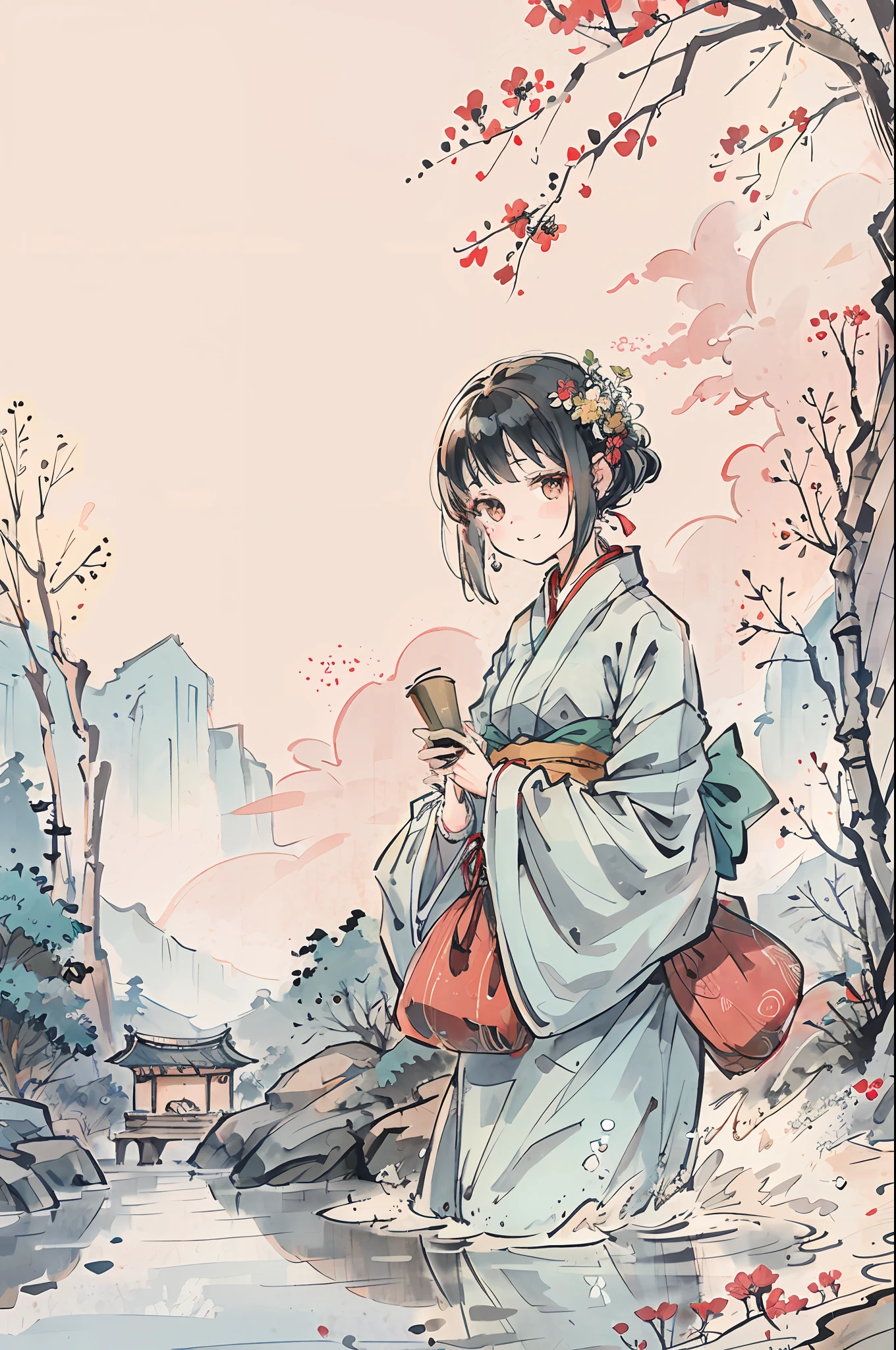 (masterpiece), best quality, good anatomy, shuimobysim, (1 girl: 1), (upper body), (smile), short hair, (hanfu), (ecchi0.5), (trees: 0.5), (flowers: 0.6), (wooden house: 0.2), (bamboo forest: 0.2), (stream: 0.2), (river: 0.2), (ink: 1.2) , Wuchangshuo, Zhenbanqiao