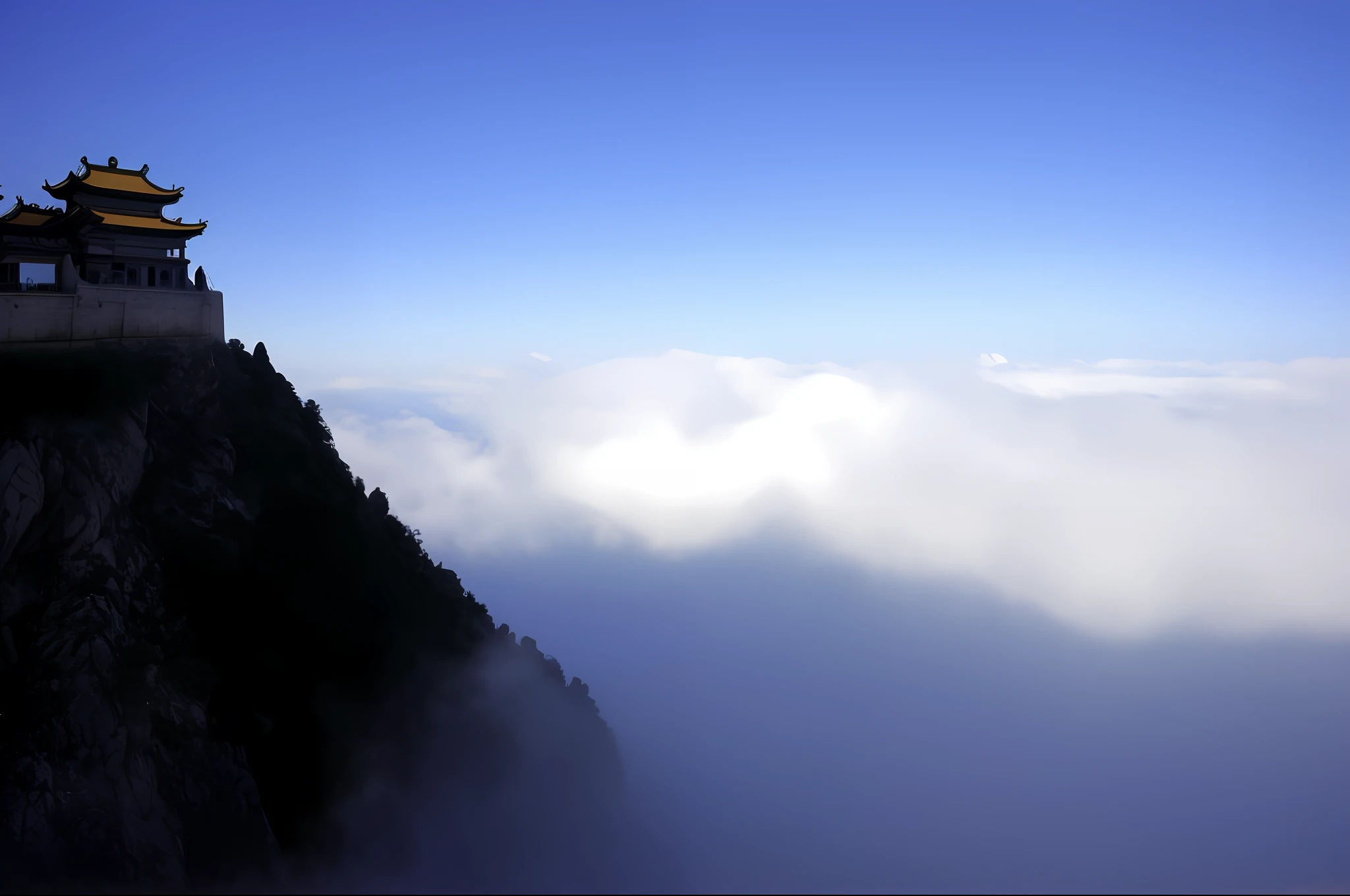 There is a Chinese Taoist temple on the top of a mountain, walking above clouds and fog, above the clouds, above the clouds, above the clouds, above the clouds, above the lower clouds, in the clouds, fog floating in the air, volumetric clouds and fog, there is a lot of fog at the bottom, in the clouds there is a faint glow, light and shadow contrast, 4k, masterpiece, there are cypresses on the mountain