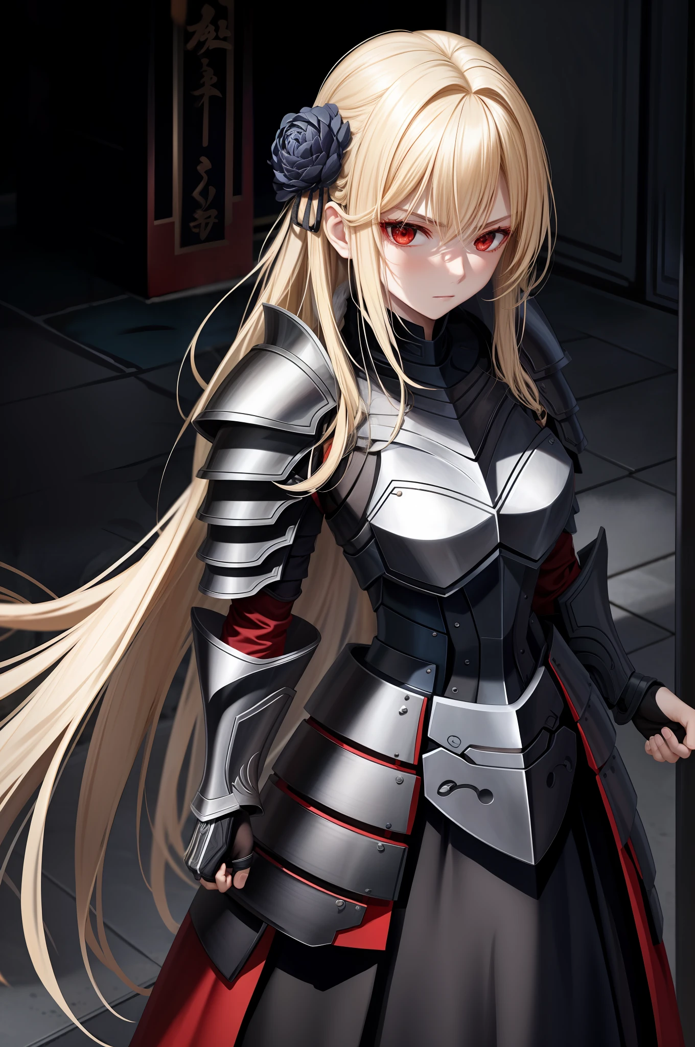 Blonde Woman Black Armor White Red Eyes Tai Dao Indifferent Holding Tai Dao Cold Blooded Cruel Shoulderless Armor Black Dress Dark Gold