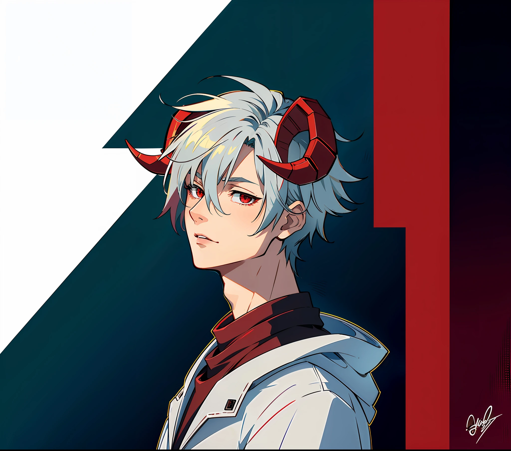 (masterpiece),(best quality:1.0), (ultra highres:1.0), detailed illustration, 8k, anime, guy with grey hair, red demon horns, sinister, detailed face, red eyes, black t-shirt, red coat, anime style, artwork, highly detailed