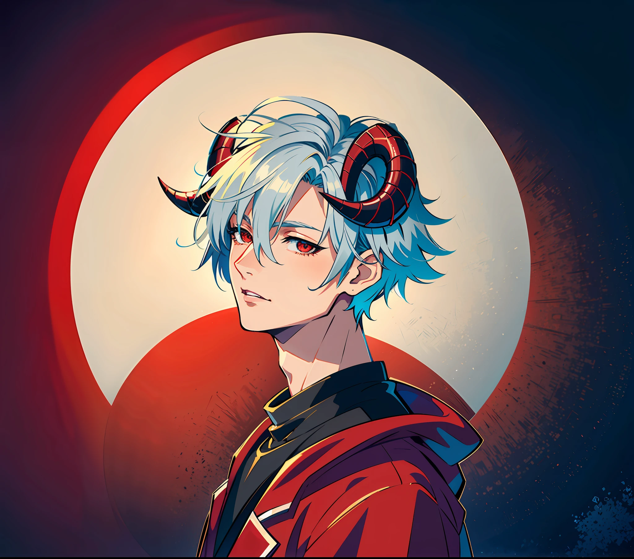 (masterpiece),(best quality:1.0), (ultra highres:1.0), detailed illustration, 8k, anime, guy with grey hair, red demon horns, sinister, detailed face, red eyes, black t-shirt, red coat, anime style, artwork, highly detailed
