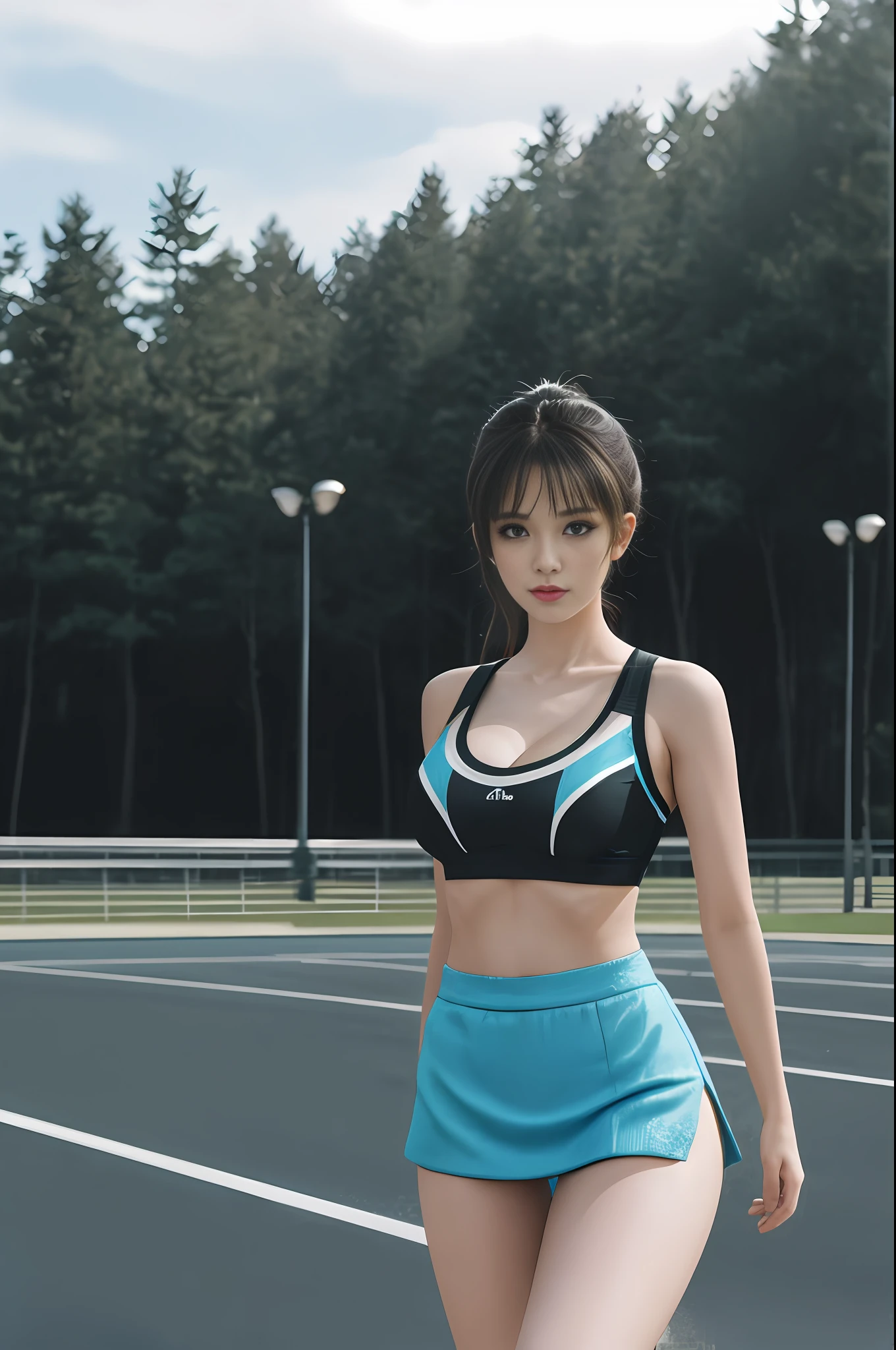 {{{Masterpiece}}}, {extremely detailed CG Unity 8k wallpaper}, best quality, amazing, fine detail, solo, cinematic lighting, {{floating hair}}}, outdoors, parks, paths, blurred background, focused characters, beautiful detailed eyes, {{full body}}, dynamic pose, dynamic angle, looking at the audience, {{sports bras}}}, {bare belly}, {miniskirt}, model's figure, big breasts, {{cleavage}}, very thin waist, big ass, very wide crotch, Slender beautiful legs, racing girl uniform, sexy