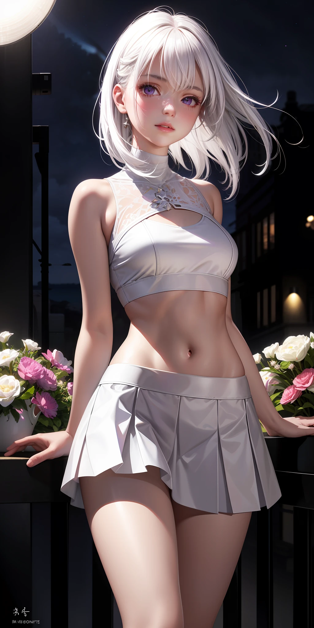 Realistic, 1girl, white hair, purple eyes, glowing eyes, cropped top, skirt, parted lips, blush, night, flowers, sun, sunlight, white skirt, short skirt, medium length hair, real, warm colors, white short Dress, white clothes, light background color, day environment, bright color background, saudi, ocean, cute,