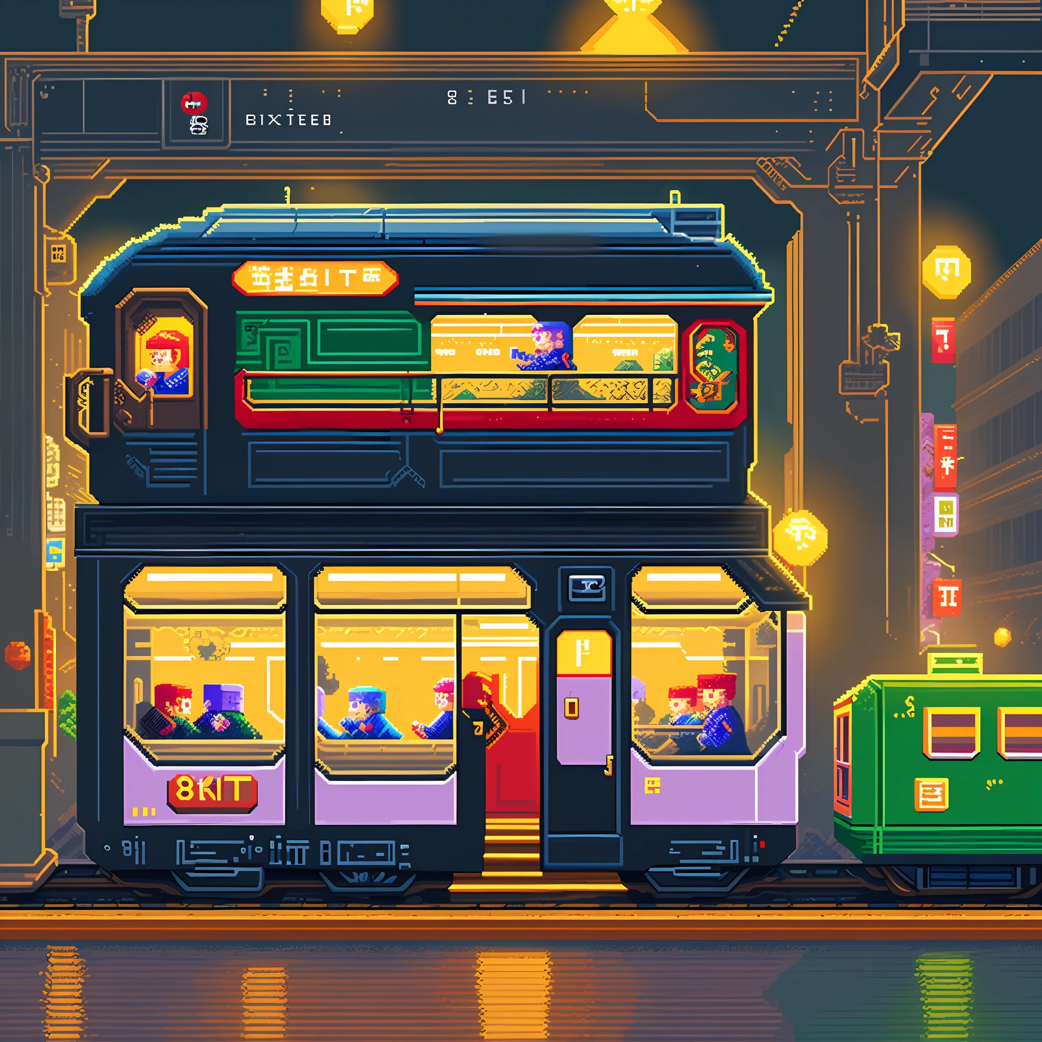 ((8bit, pixel art, 8k)), Tokyo at night, futuristic train, viaduct, people coming and going