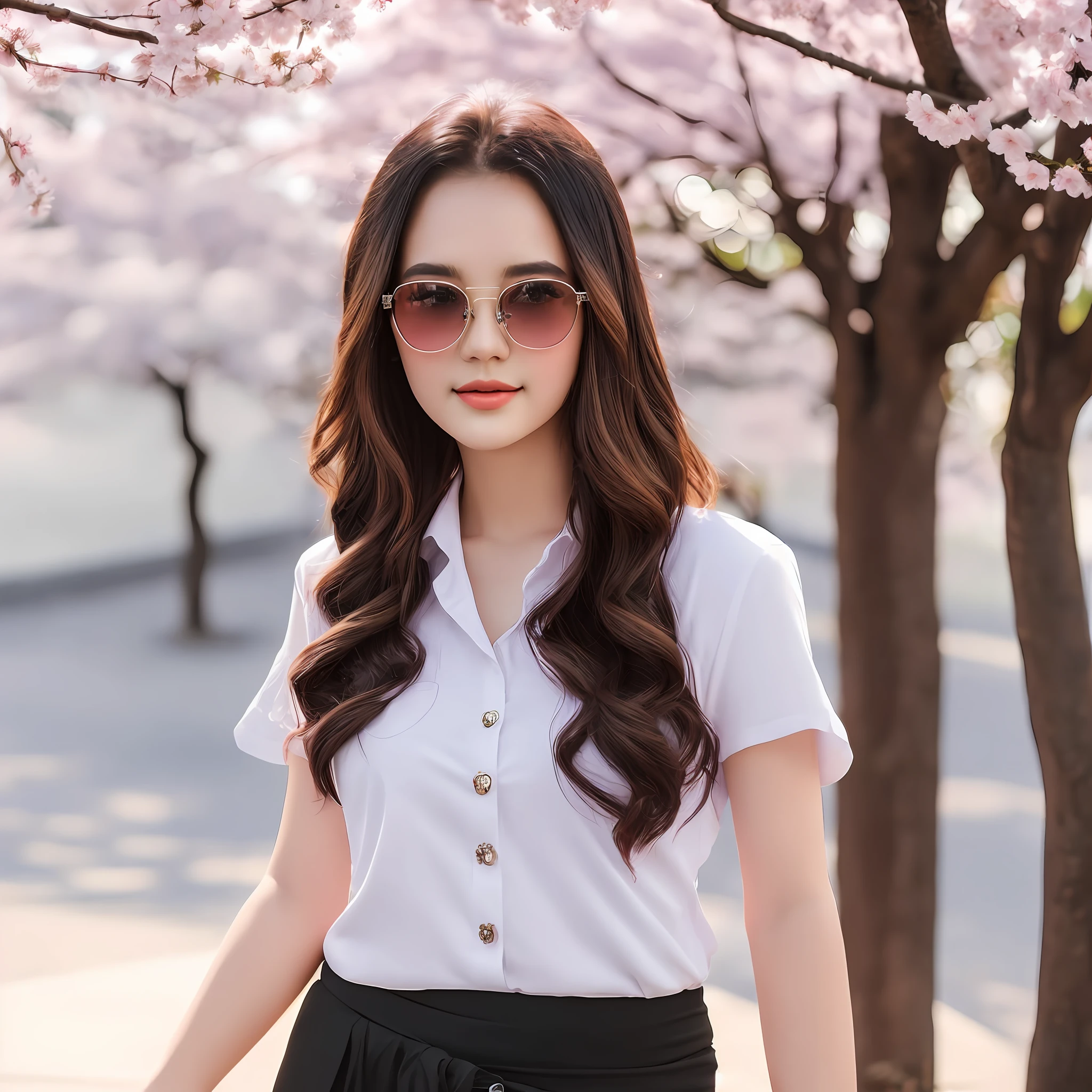 A beautiful portrait (head to waist portrait) of a 20 year old pretty young woman, realistic photo, hyper real, wearing sunglass, beautiful cherry blossom tree background, studio lightings, portrait photography