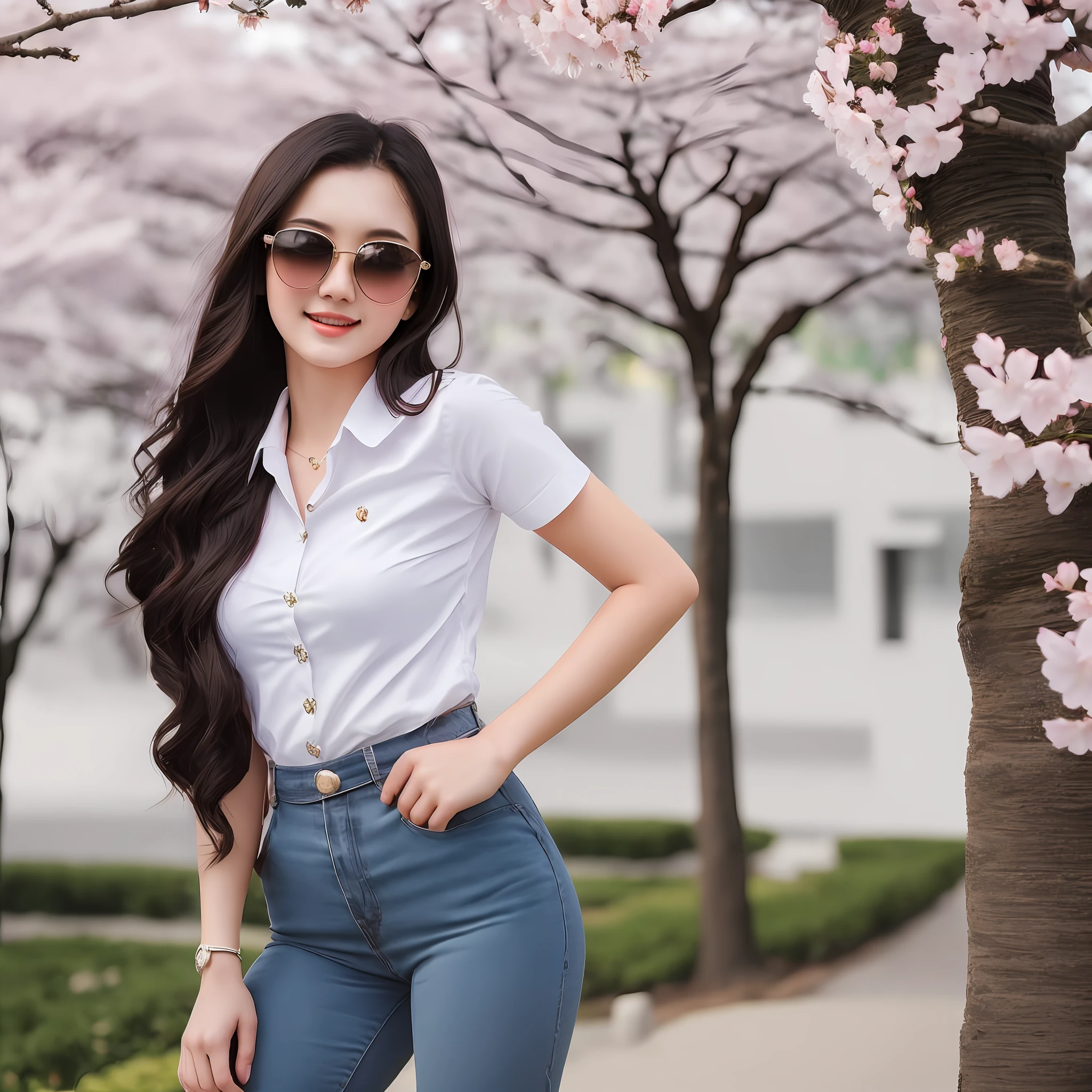 A beautiful portrait (head to waist portrait) of a 20 year old pretty young woman, realistic photo, hyper real, wearing sunglass, beautiful cherry blossom tree background, studio lightings, portrait photography