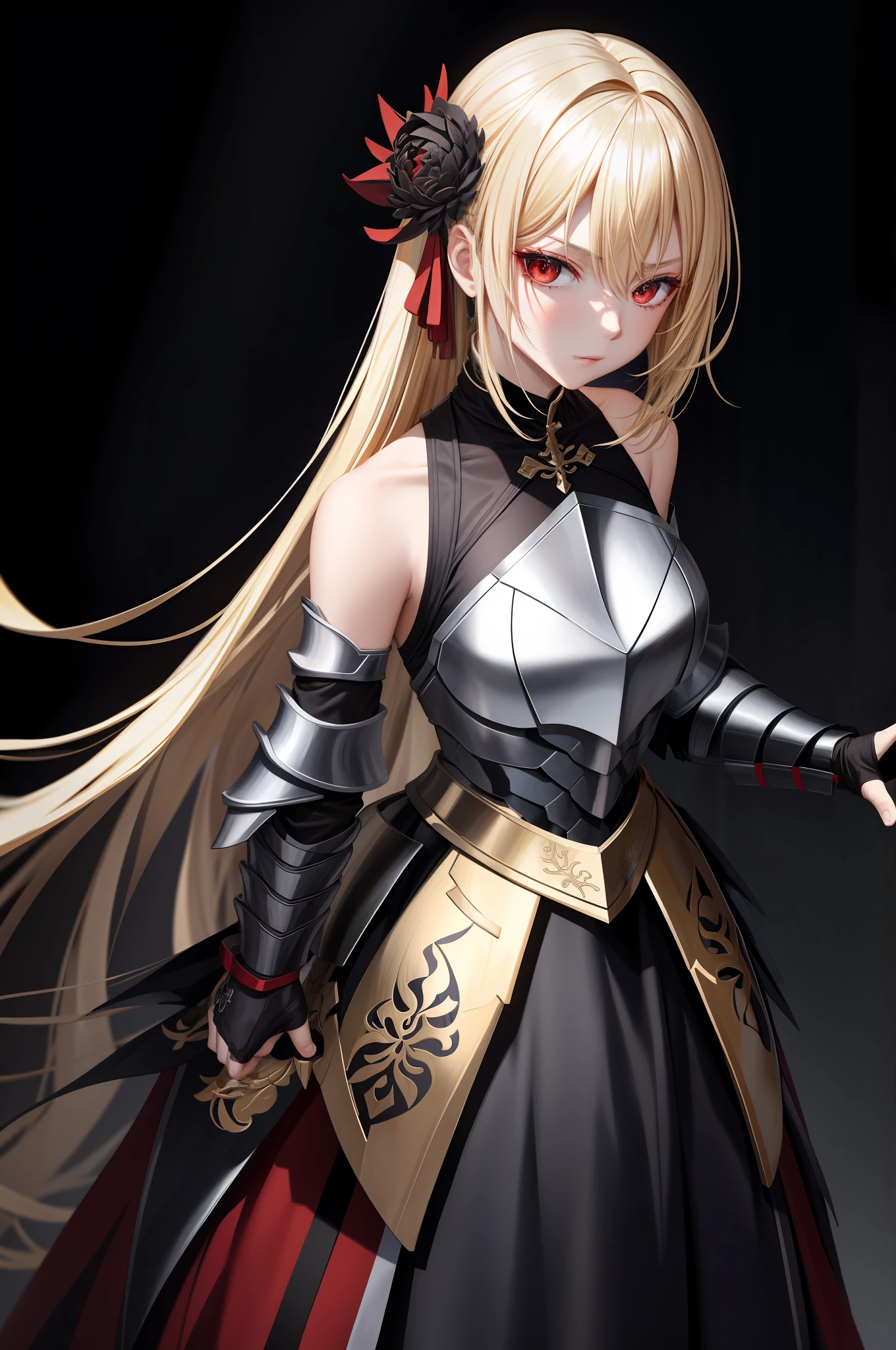 Blonde Woman Black Armor White Red Eyes Tai Dao Indifferent Holding Tai Dao Cold Blooded Cruel Shoulderless Armor Black Dress Dark Gold