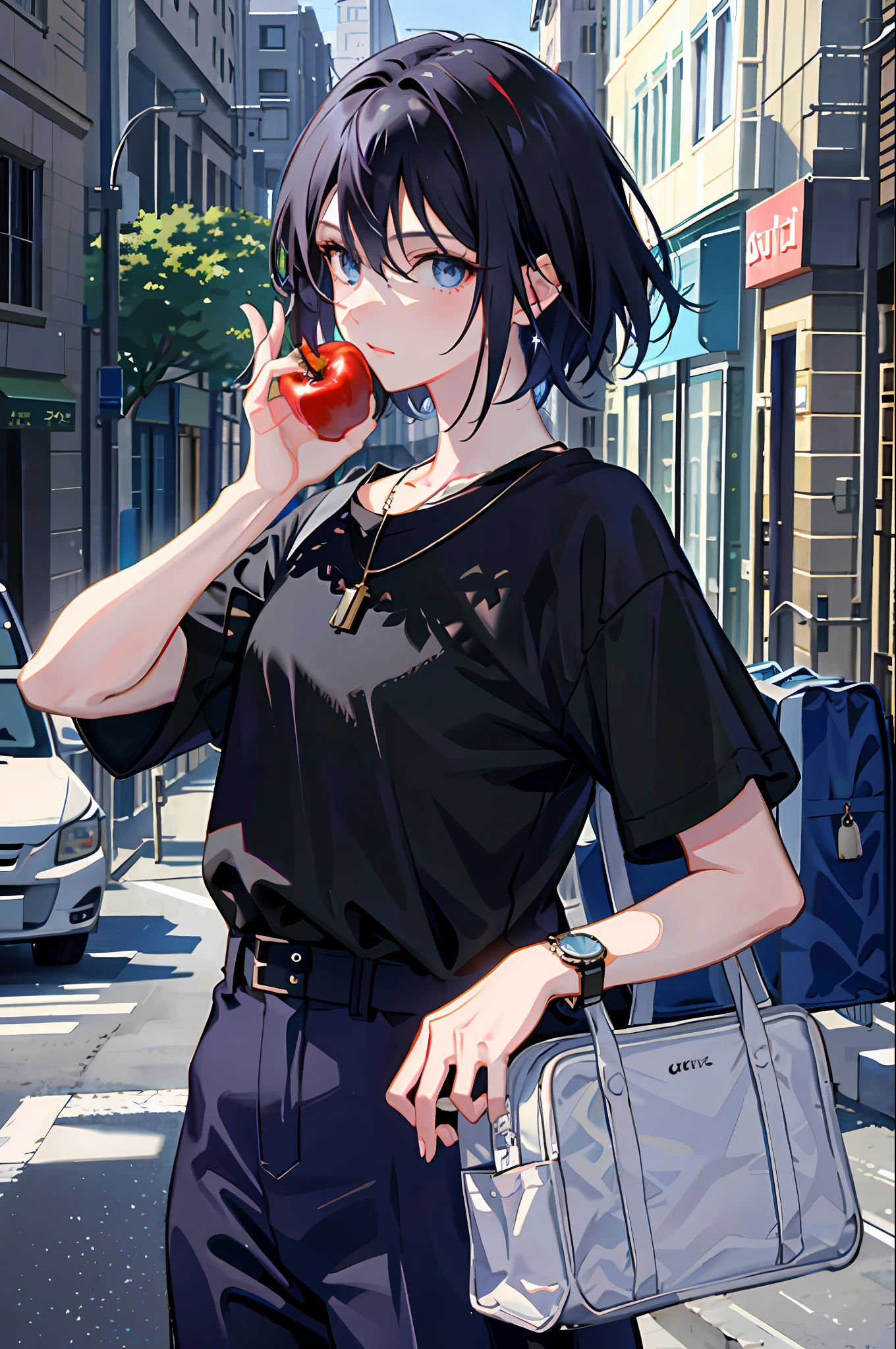1girl, apple, bag, bangs, berry, black hair, black shirt, blue eyes, hair between eyes, jewelry, leaf, looking at viewer, male focus, necklace, pants, shirt, solo, watch, white pants, wristwatch, messy hair, trending on artstation, 8k resolution, highly detailed, anatomically correct, sharp image, digital painting, concept art, trending on pixiv, style of makoto shinkai,