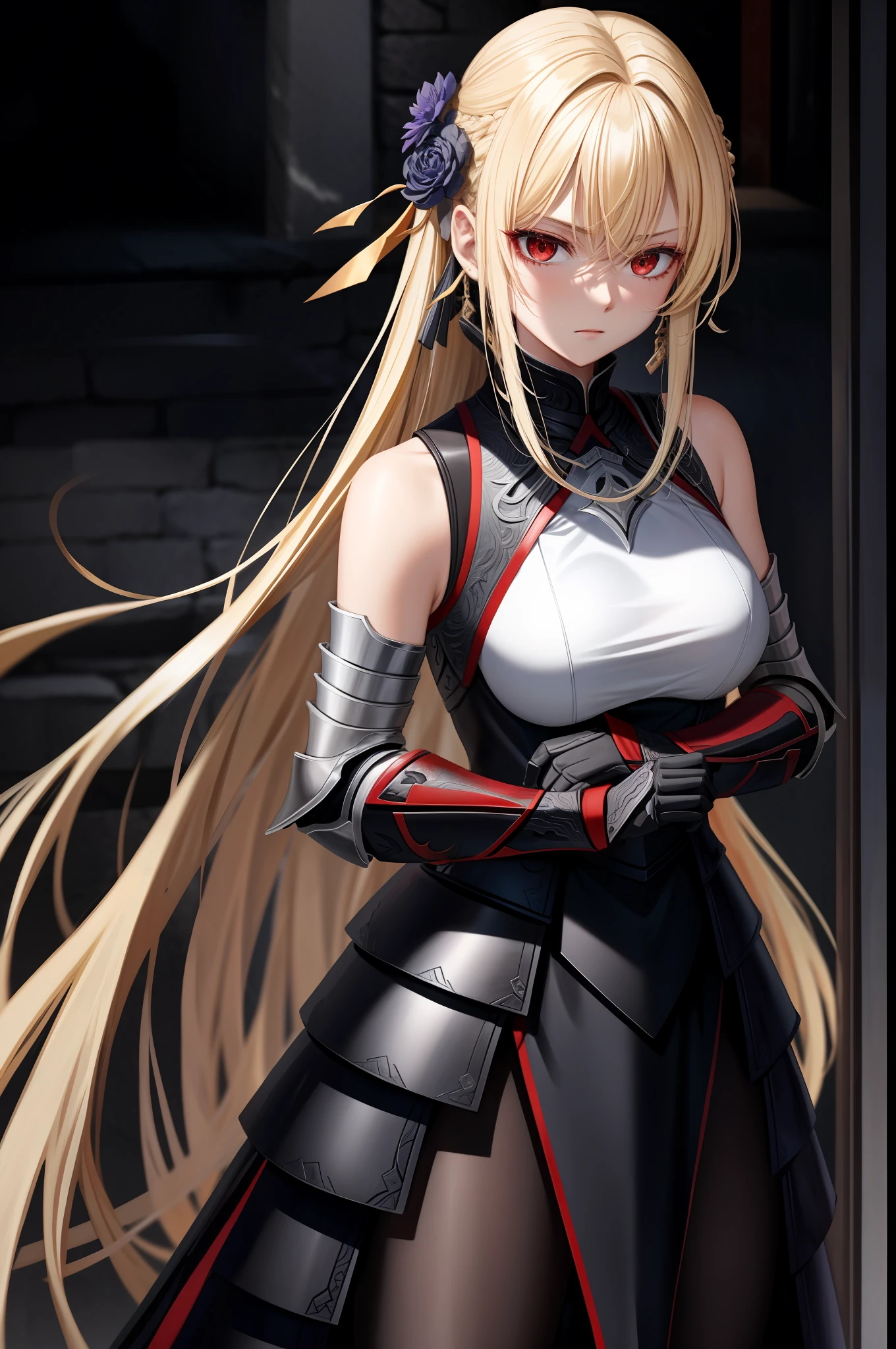 Blonde Woman Black Armor White Red Eyes Tai Dao Indifferent Holding Tai Dao Cold Blooded Cruel Shoulderless Armor Black Dress Dark Gold