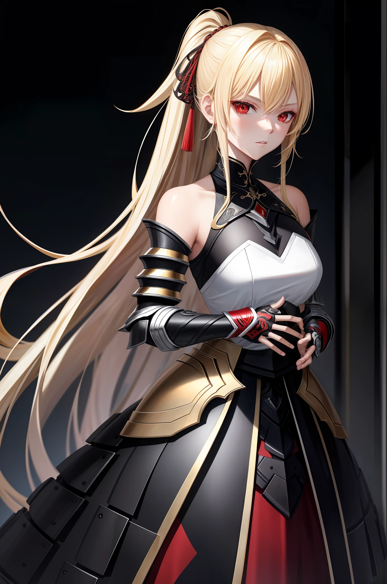 Blonde Woman Black Armor White Red Eyes Tai Dao Indifferent Holding Tai Dao Cold Blooded Cruel Shoulderless Armor Black Dress Dark Gold